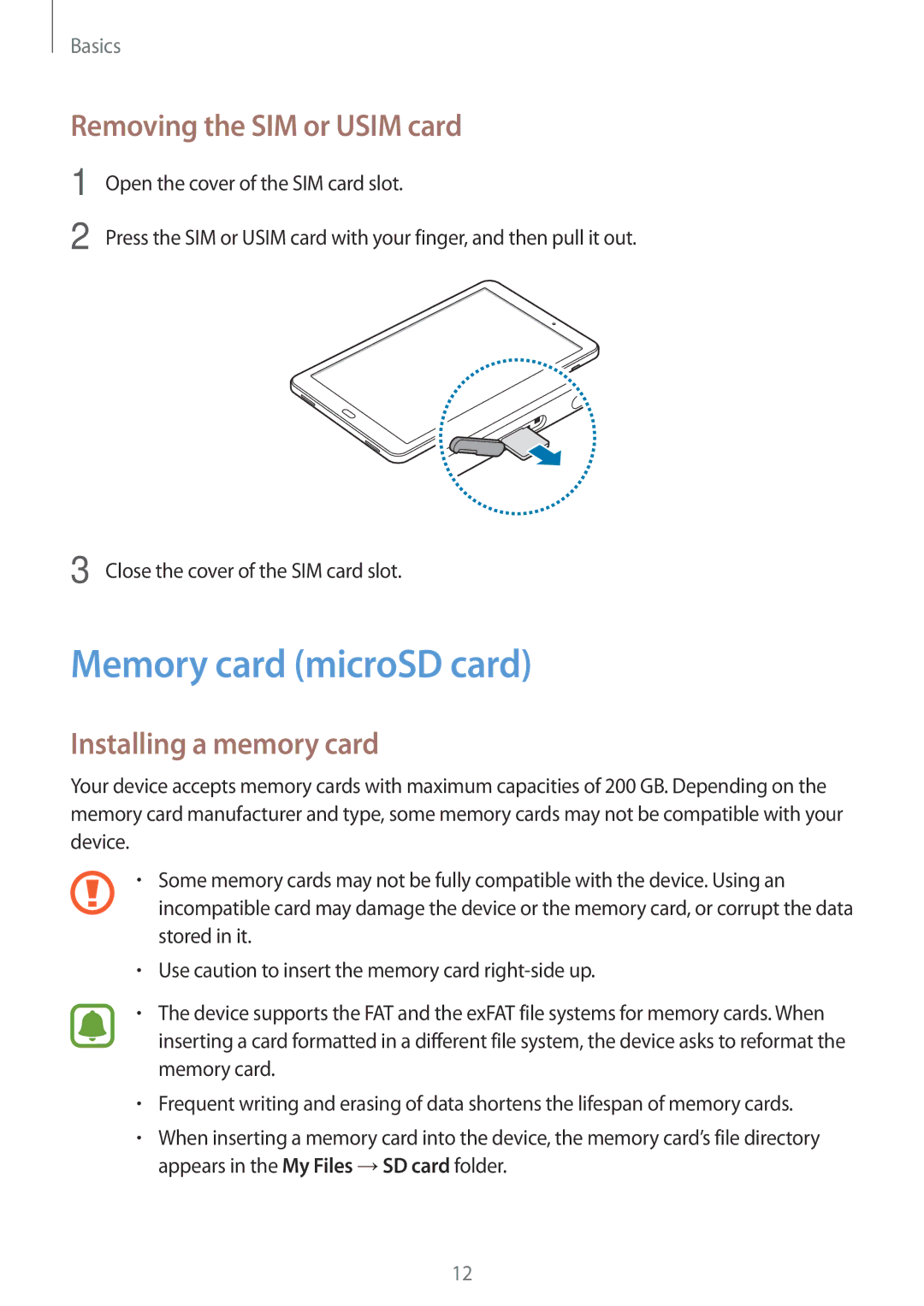 Samsung SM-T585NZKEPHE, SM-T585NZKEDBT Memory card microSD card, Removing the SIM or Usim card, Installing a memory card 