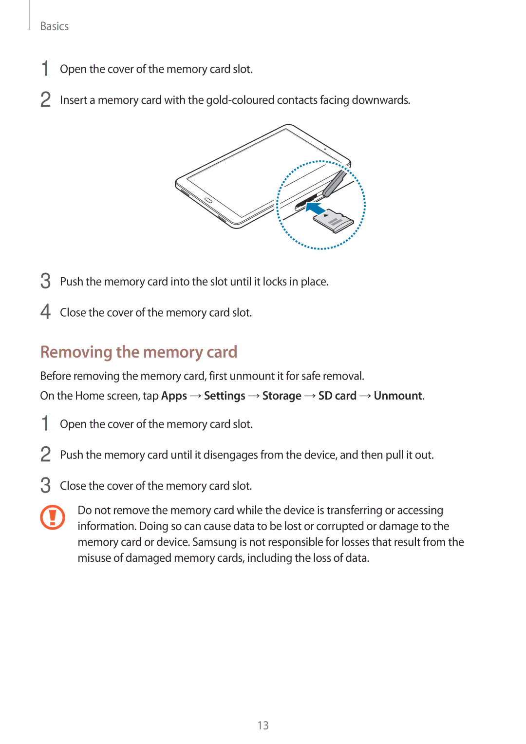 Samsung SM-T585NZBAXXV, SM-T585NZKEDBT, SM-T585NZKADBT, SM-T585NZWEDBT, SM-T585NZWADBT manual Removing the memory card 