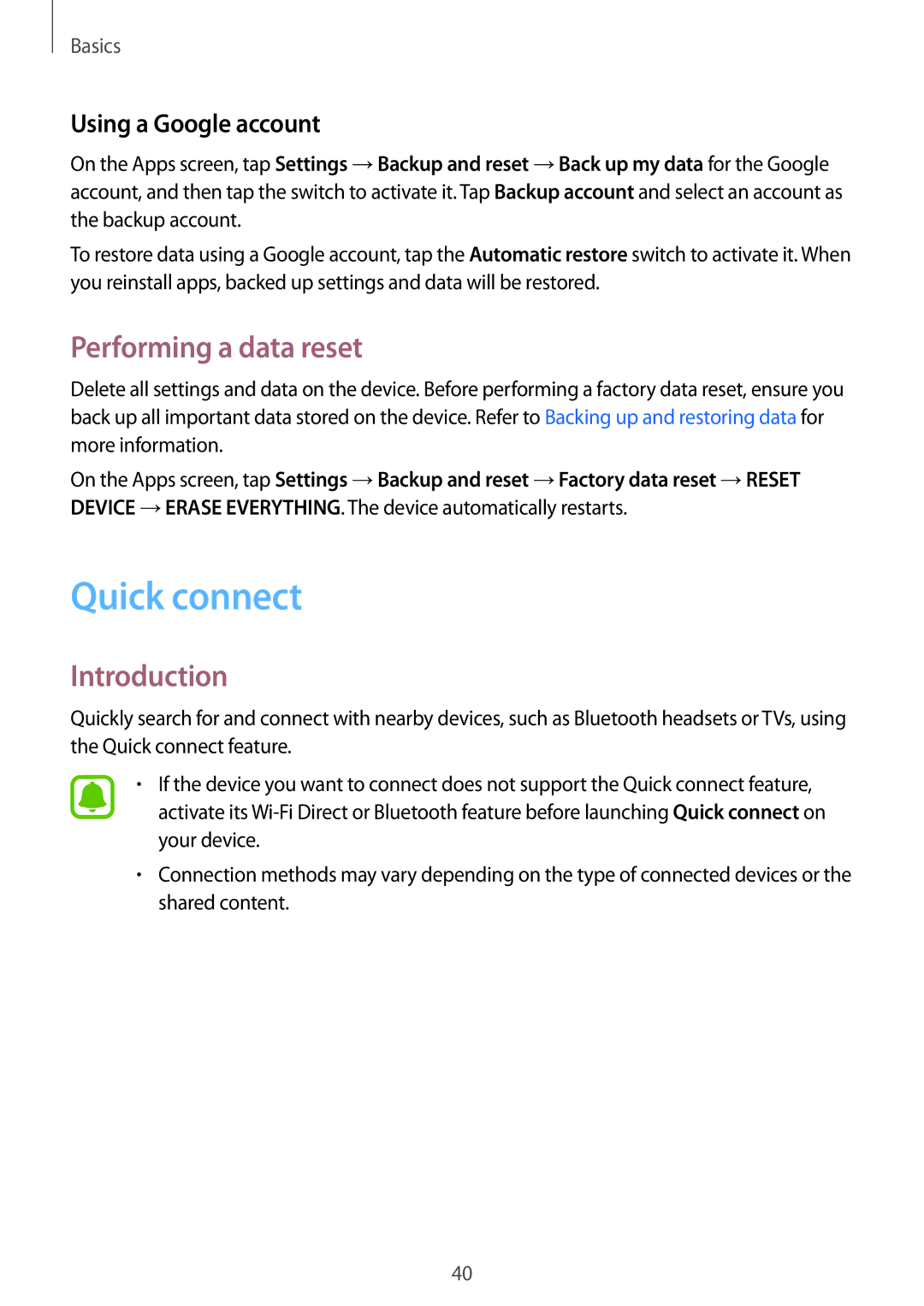 Samsung SM-T585NZKEXEF, SM-T585NZKEDBT, SM-T585NZKADBT manual Quick connect, Performing a data reset, Using a Google account 