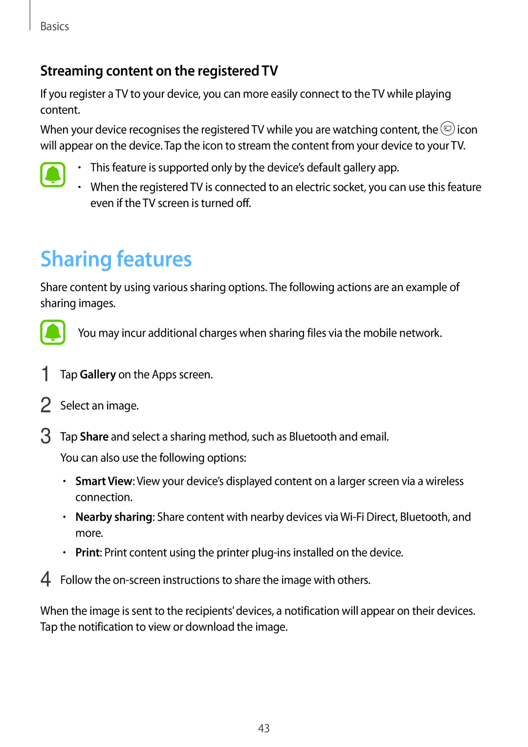 Samsung SM-T585NZAEITV, SM-T585NZKEDBT, SM-T585NZKADBT manual Sharing features, Streaming content on the registered TV 