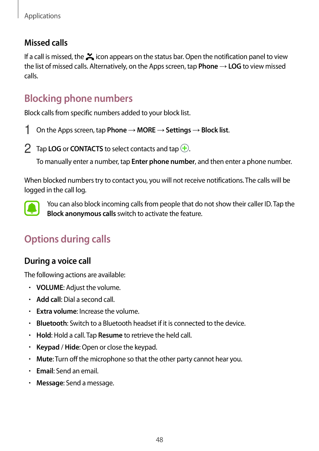 Samsung SM-T585NZKEPHE, SM-T585NZKEDBT Blocking phone numbers, Options during calls, Missed calls, During a voice call 