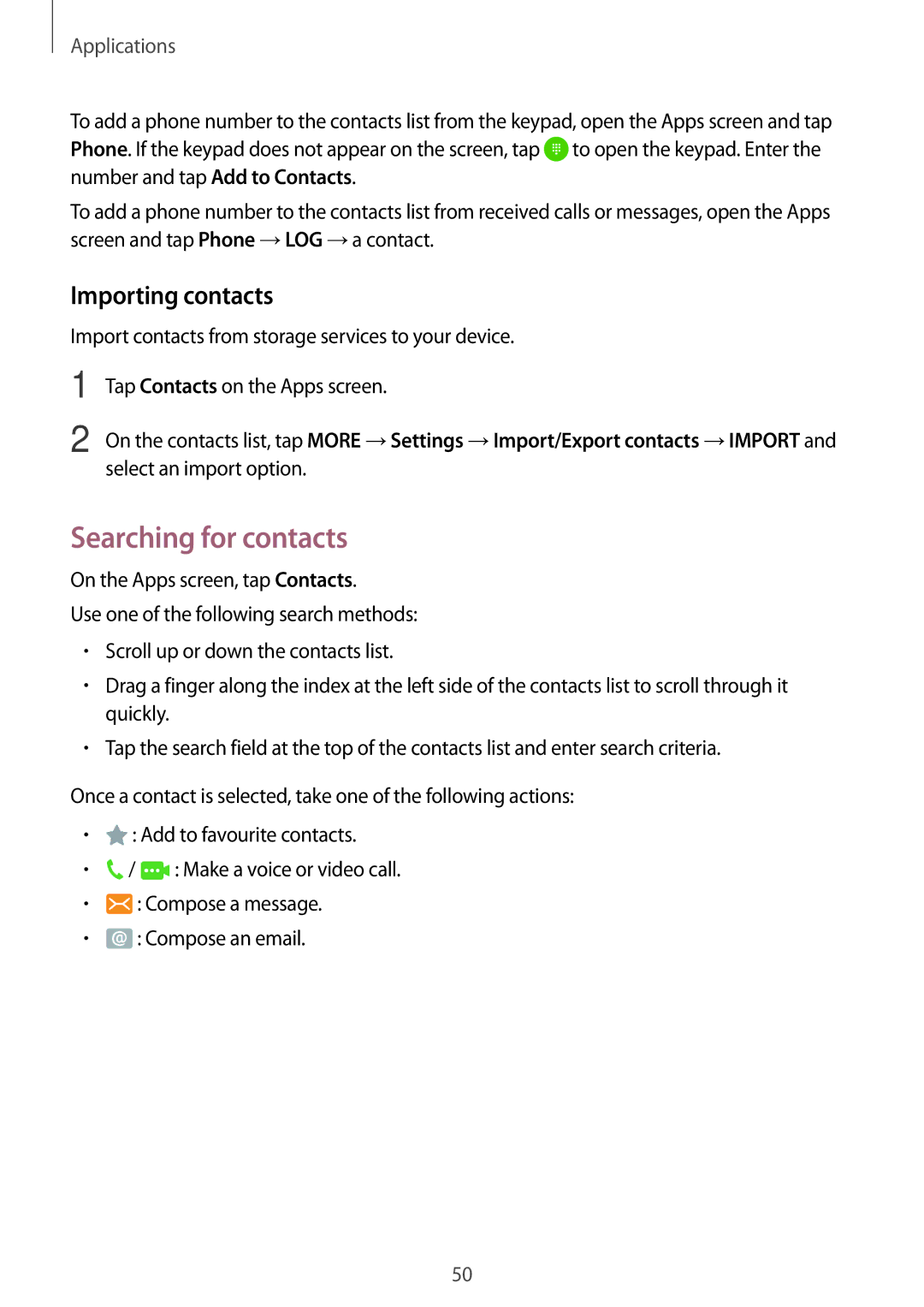 Samsung SM-T585NZKAXXV, SM-T585NZKEDBT, SM-T585NZKADBT, SM-T585NZWEDBT manual Searching for contacts, Importing contacts 