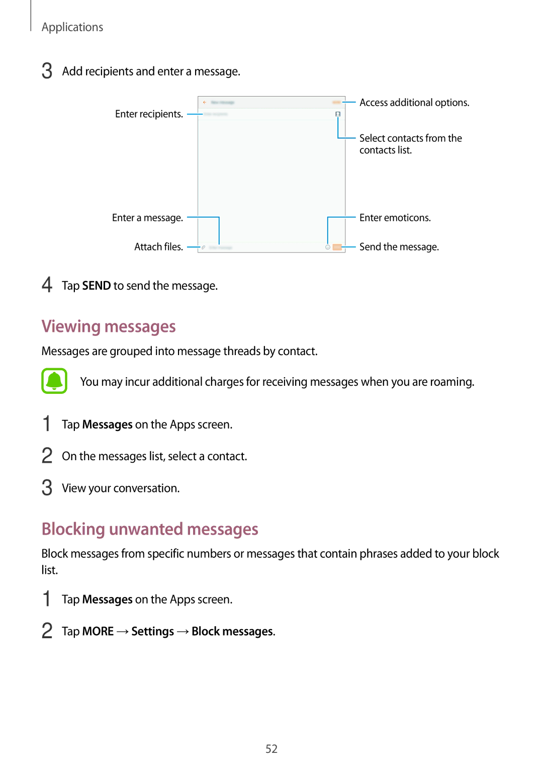 Samsung SM-T585NZKABGL, SM-T585NZKEDBT Viewing messages, Blocking unwanted messages, Tap More →Settings →Block messages 