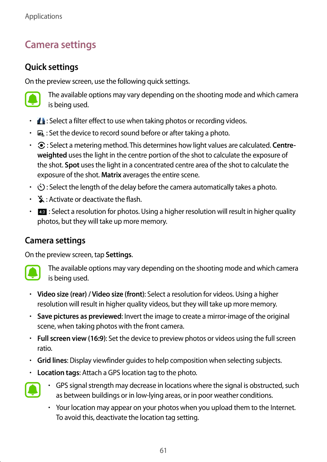 Samsung SM-T585NZWAEUR, SM-T585NZKEDBT, SM-T585NZKADBT, SM-T585NZWEDBT, SM-T585NZWADBT manual Camera settings, Quick settings 