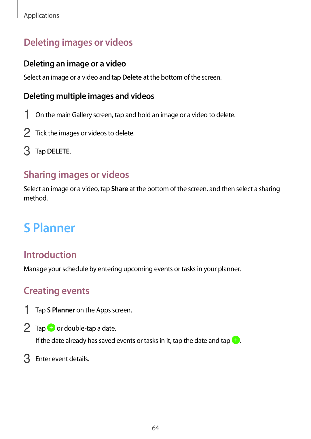 Samsung SM-T585NZKASEE, SM-T585NZKEDBT manual Planner, Deleting images or videos, Sharing images or videos, Creating events 