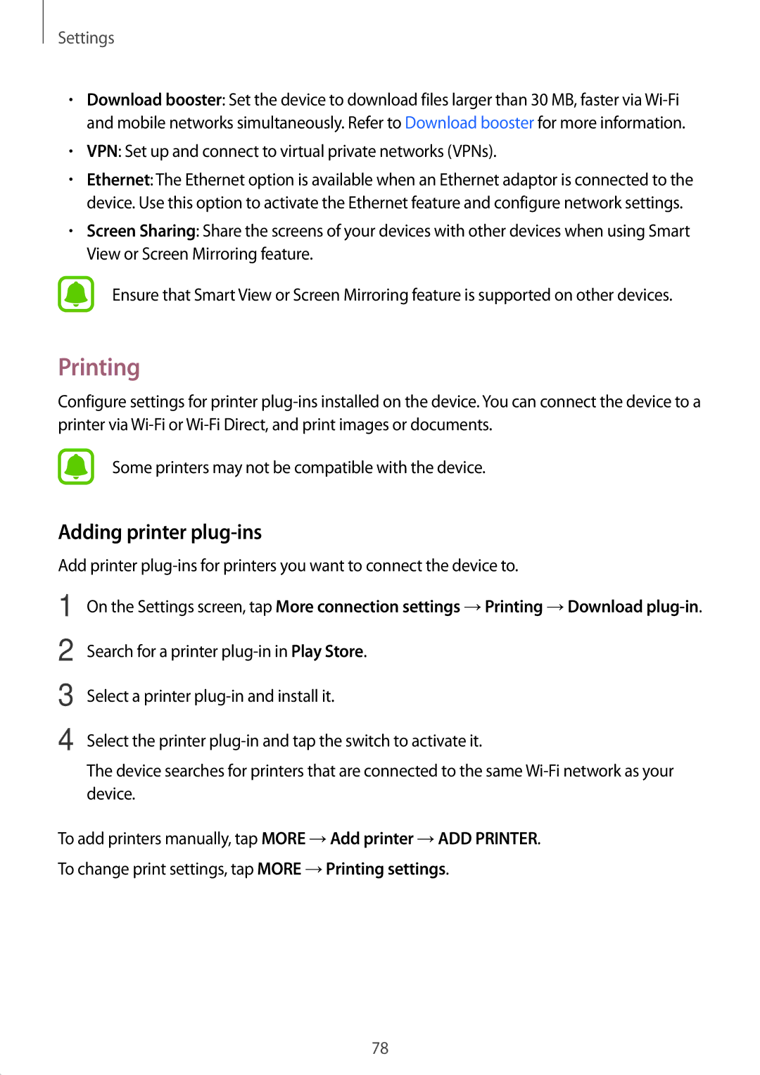 Samsung SM-T585NZWAXEF, SM-T585NZKEDBT, SM-T585NZKADBT, SM-T585NZWEDBT, SM-T585NZWADBT manual Printing, Adding printer plug-ins 