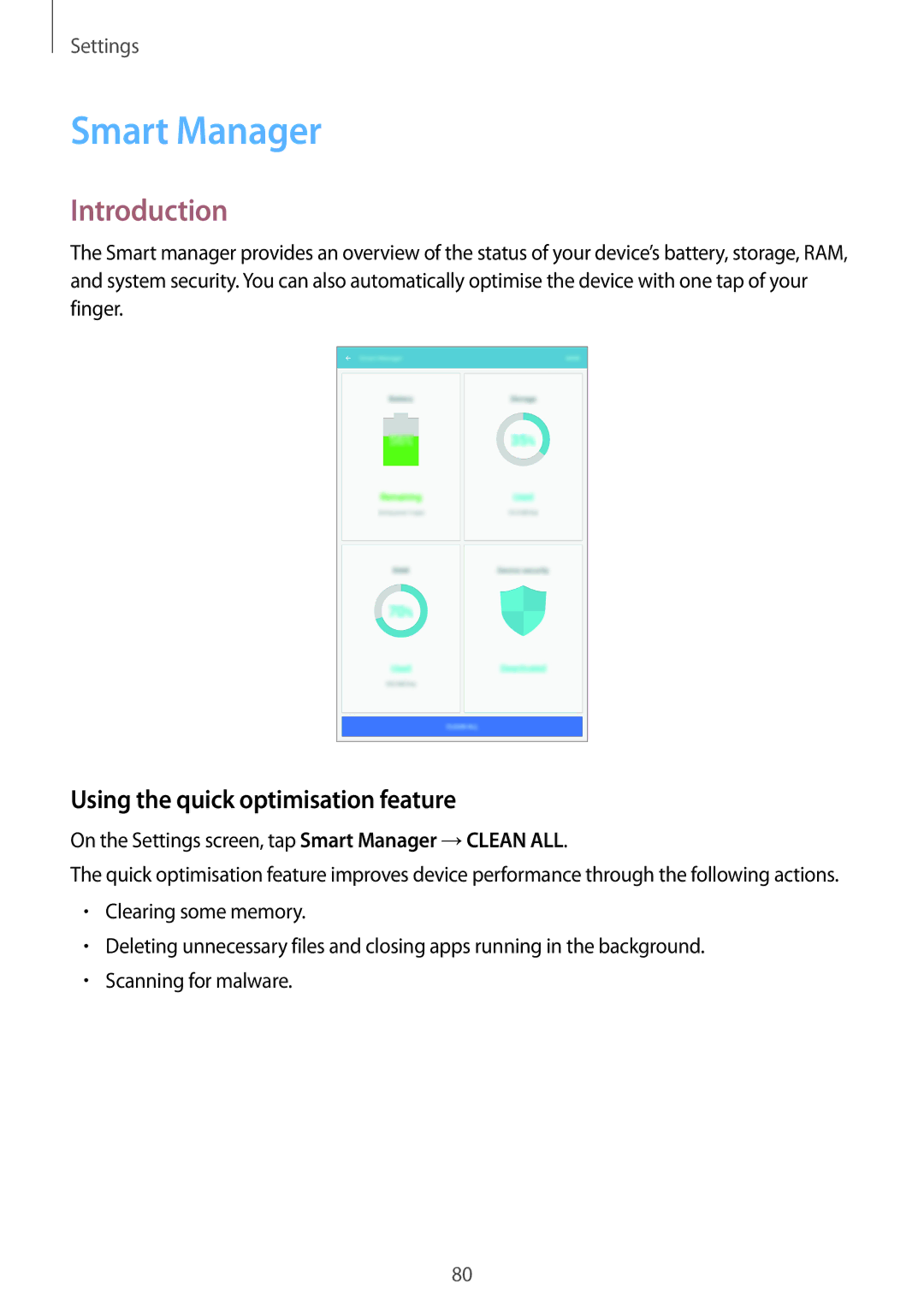 Samsung SM-T585NZWAITV, SM-T585NZKEDBT, SM-T585NZKADBT, SM-T585NZWEDBT Smart Manager, Using the quick optimisation feature 