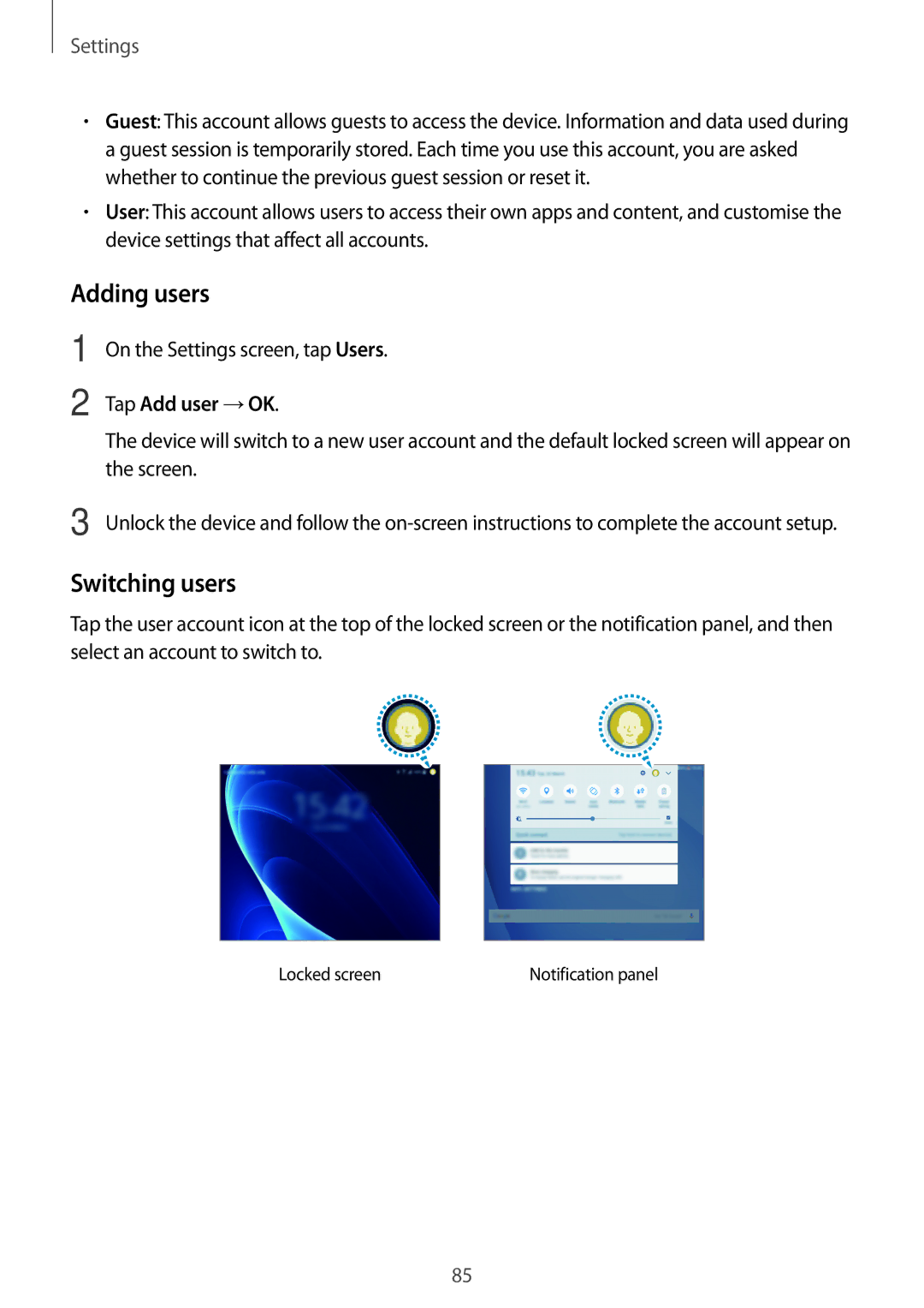 Samsung SM-T585NZBAXXV, SM-T585NZKEDBT, SM-T585NZKADBT, SM-T585NZWEDBT manual Adding users, Switching users, Tap Add user →OK 