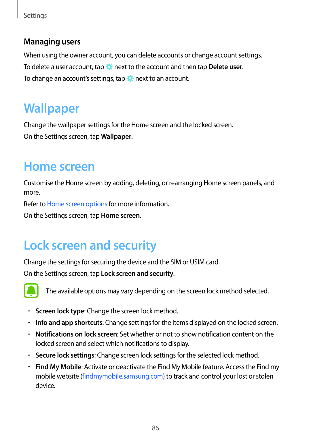 Samsung SM-T585NZKAXXV, SM-T585NZKEDBT, SM-T585NZKADBT, SM-T585NZWEDBT Wallpaper, Lock screen and security, Managing users 