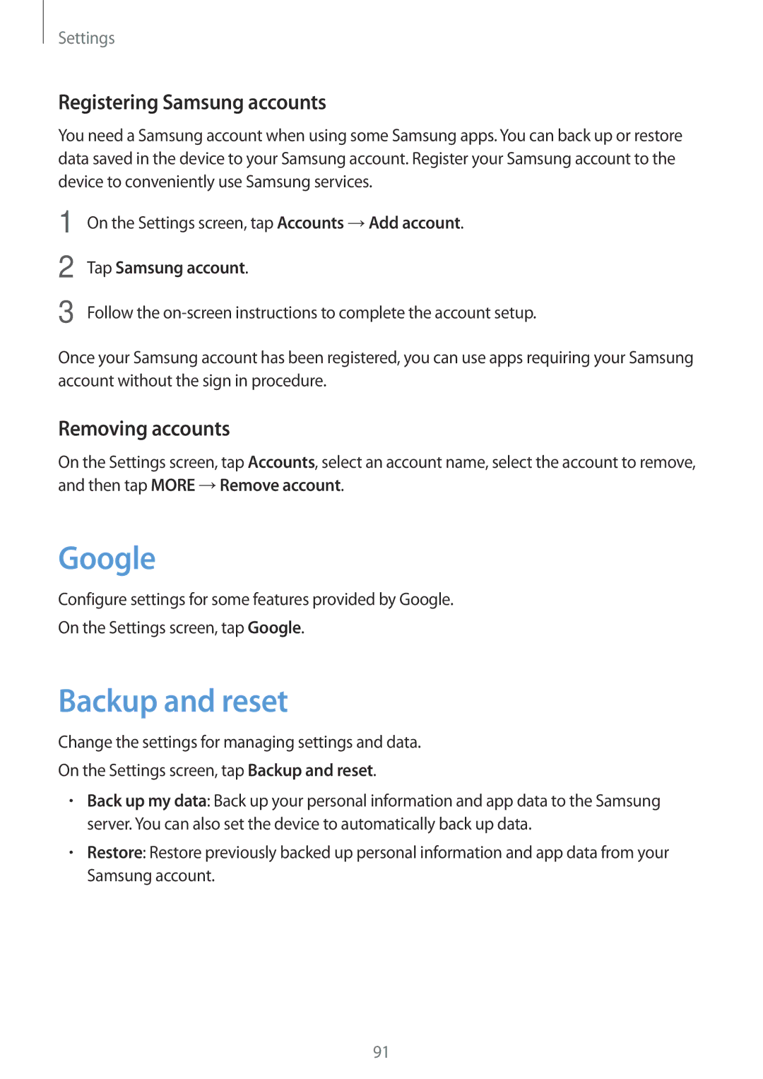 Samsung SM-T585NZWANEE, SM-T585NZKEDBT manual Google, Backup and reset, Registering Samsung accounts, Removing accounts 