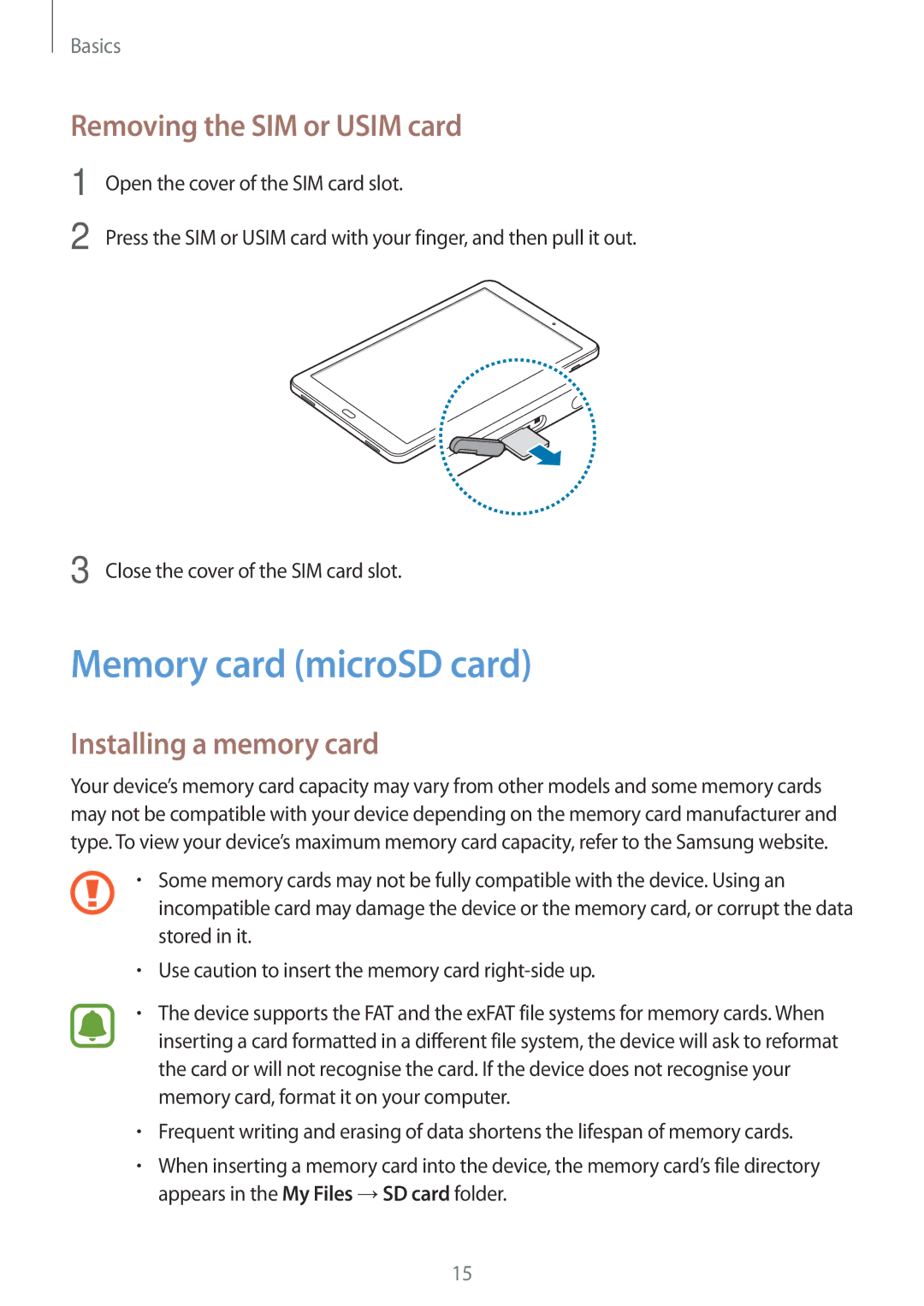 Samsung SM-T585NZWAXXV, SM-T585NZKEDBT Memory card microSD card, Removing the SIM or Usim card, Installing a memory card 