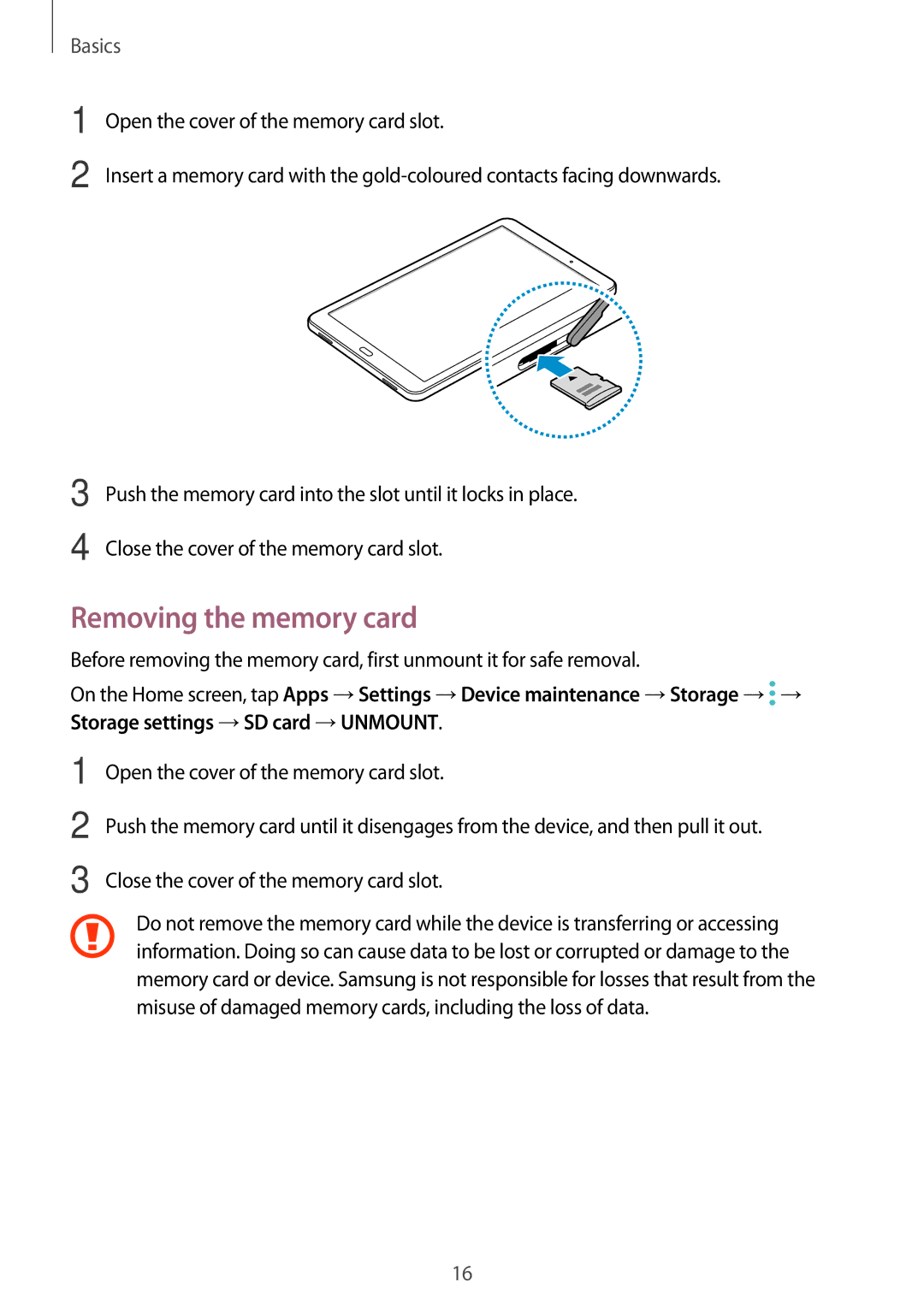 Samsung SM-T585NZKABGL, SM-T585NZKEDBT, SM-T585NZKADBT, SM-T585NZWEDBT, SM-T585NZWADBT manual Removing the memory card 