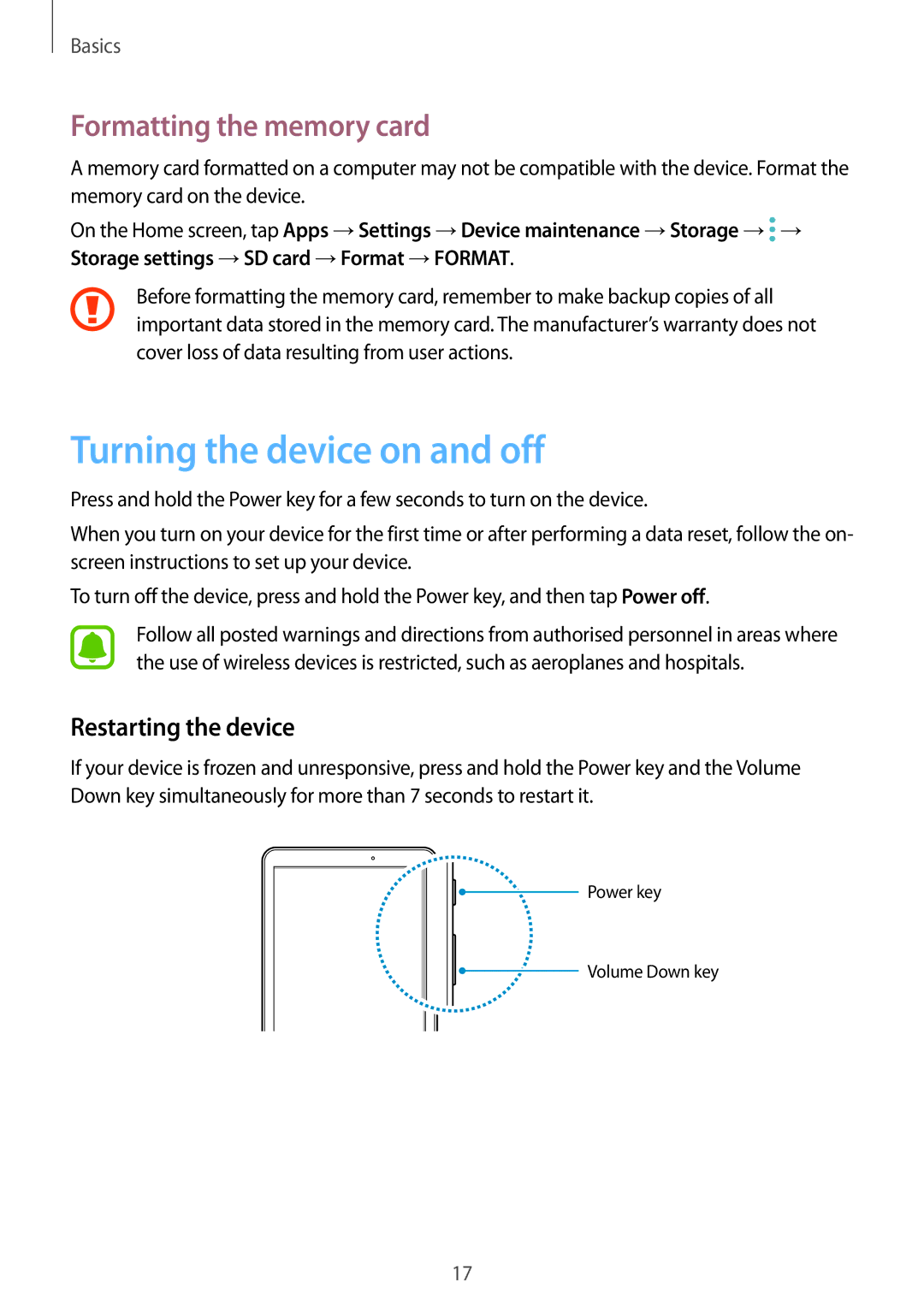 Samsung SM-T585NZAEXEZ, SM-T585NZKEDBT Turning the device on and off, Formatting the memory card, Restarting the device 