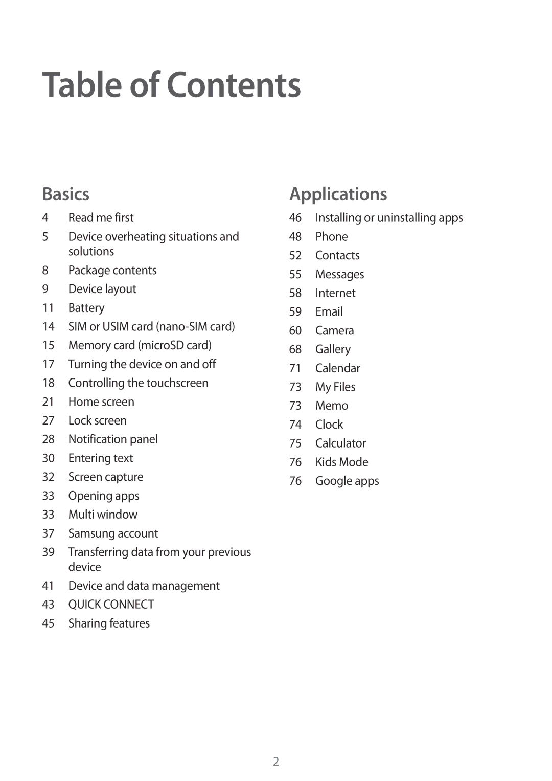 Samsung SM-T585NZWEDBT, SM-T585NZKEDBT, SM-T585NZKADBT, SM-T585NZWADBT, SM-T585NZKEXEF, SM-T585NZWEXEF manual Table of Contents 