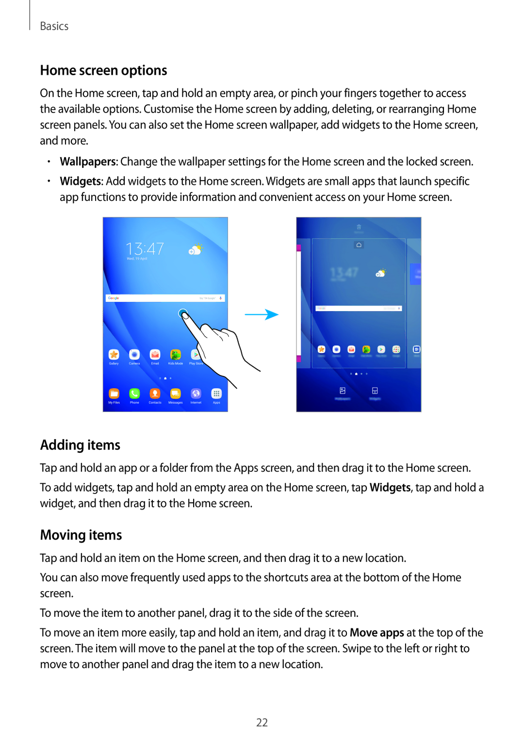 Samsung SM-T585NZKENEE, SM-T585NZKEDBT, SM-T585NZKADBT, SM-T585NZWEDBT manual Home screen options, Adding items, Moving items 