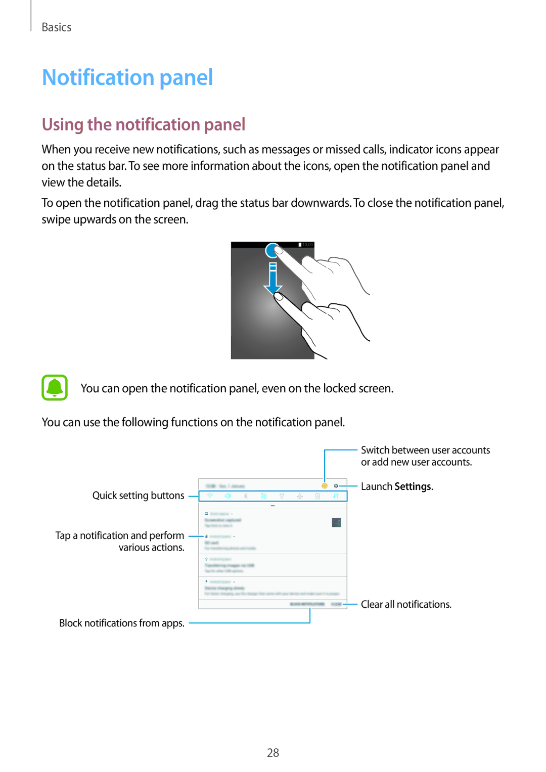 Samsung SM-T585NZKASEE, SM-T585NZKEDBT, SM-T585NZKADBT, SM-T585NZWEDBT manual Notification panel, Using the notification panel 