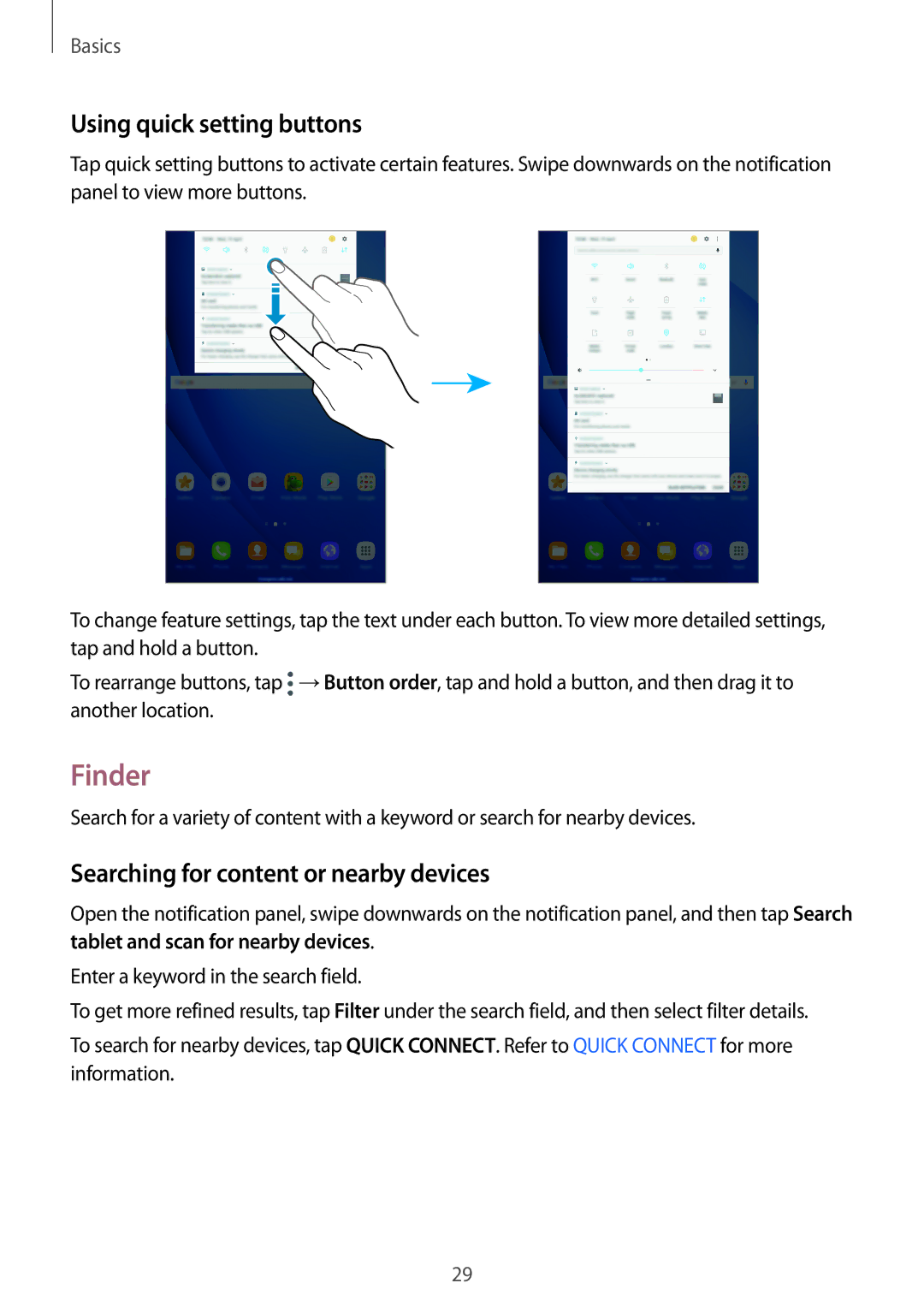 Samsung SM-T585NZWAILO, SM-T585NZKEDBT manual Finder, Using quick setting buttons, Searching for content or nearby devices 