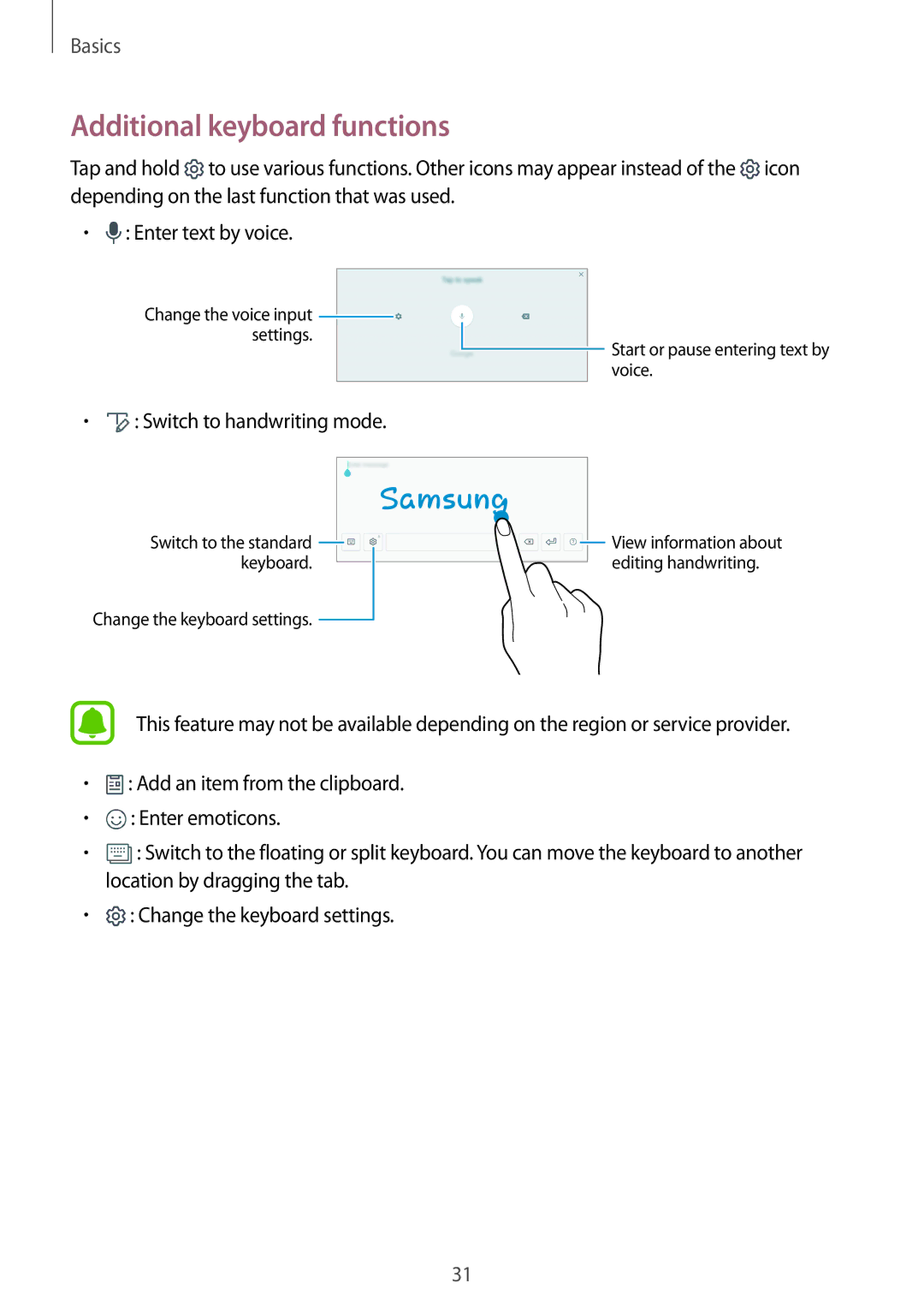 Samsung SM-T585NZWAXEH, SM-T585NZKEDBT, SM-T585NZKADBT manual Additional keyboard functions, Switch to handwriting mode 