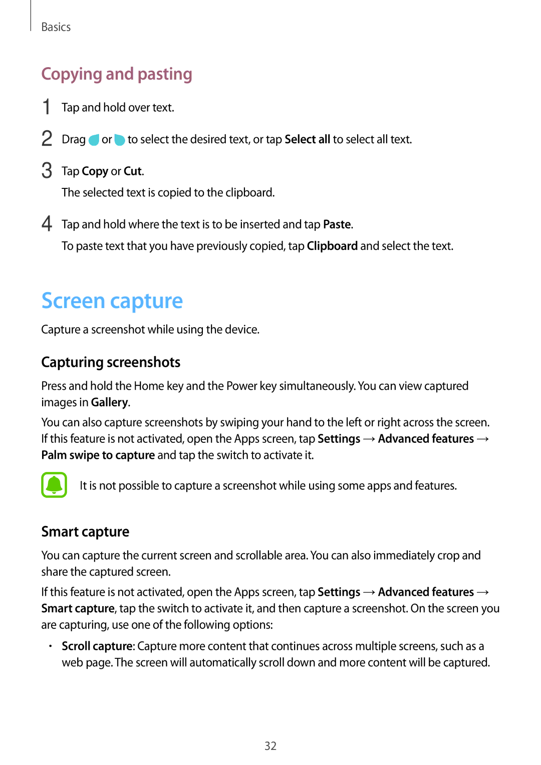 Samsung SM-T585NZKAXEH, SM-T585NZKEDBT manual Screen capture, Copying and pasting, Capturing screenshots, Smart capture 