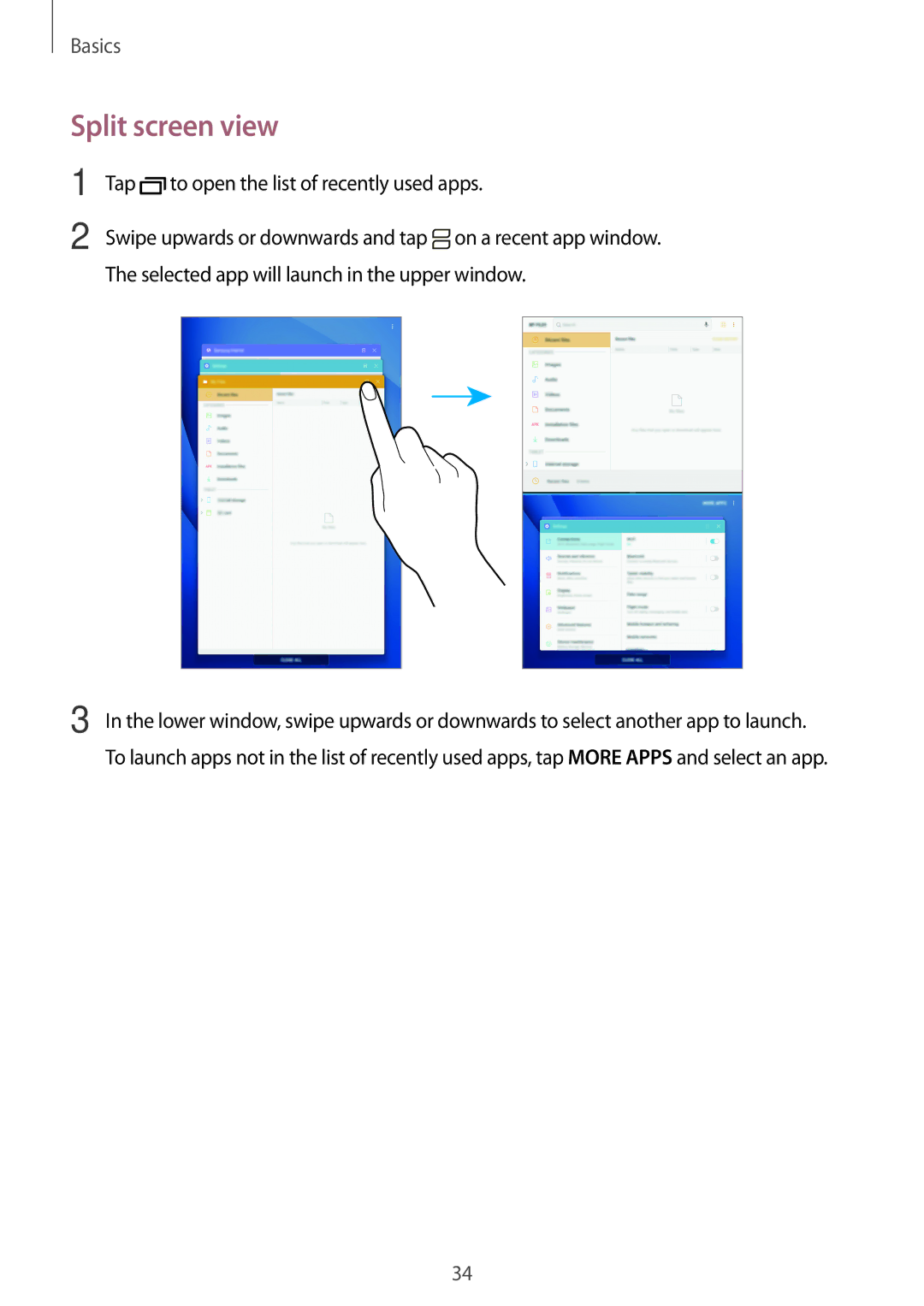 Samsung SM-T585NZWASER, SM-T585NZKEDBT, SM-T585NZKADBT manual Split screen view, Tap to open the list of recently used apps 
