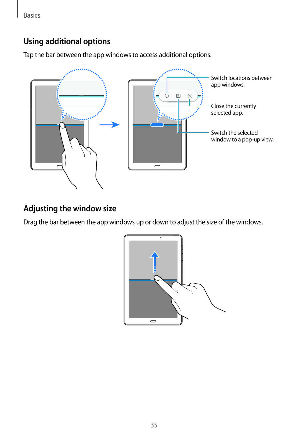 Samsung SM-T585NZKASER, SM-T585NZKEDBT, SM-T585NZKADBT, SM-T585NZWEDBT Using additional options, Adjusting the window size 