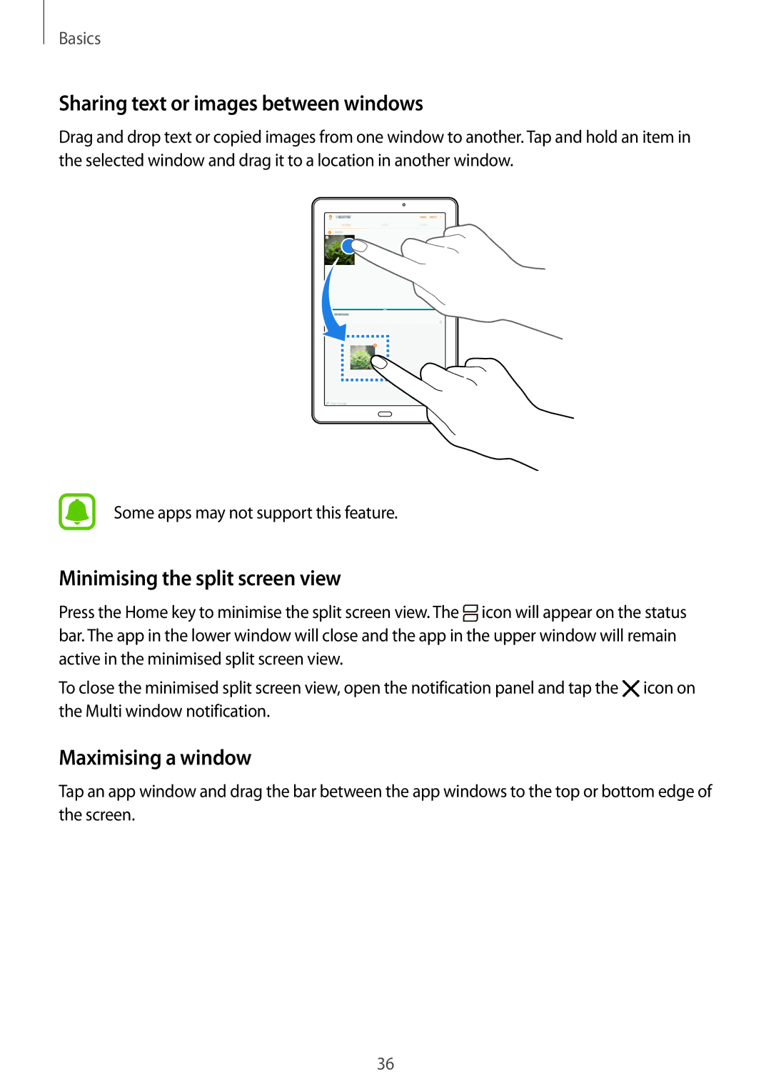 Samsung SM-T585NZKEDBT manual Sharing text or images between windows, Minimising the split screen view, Maximising a window 