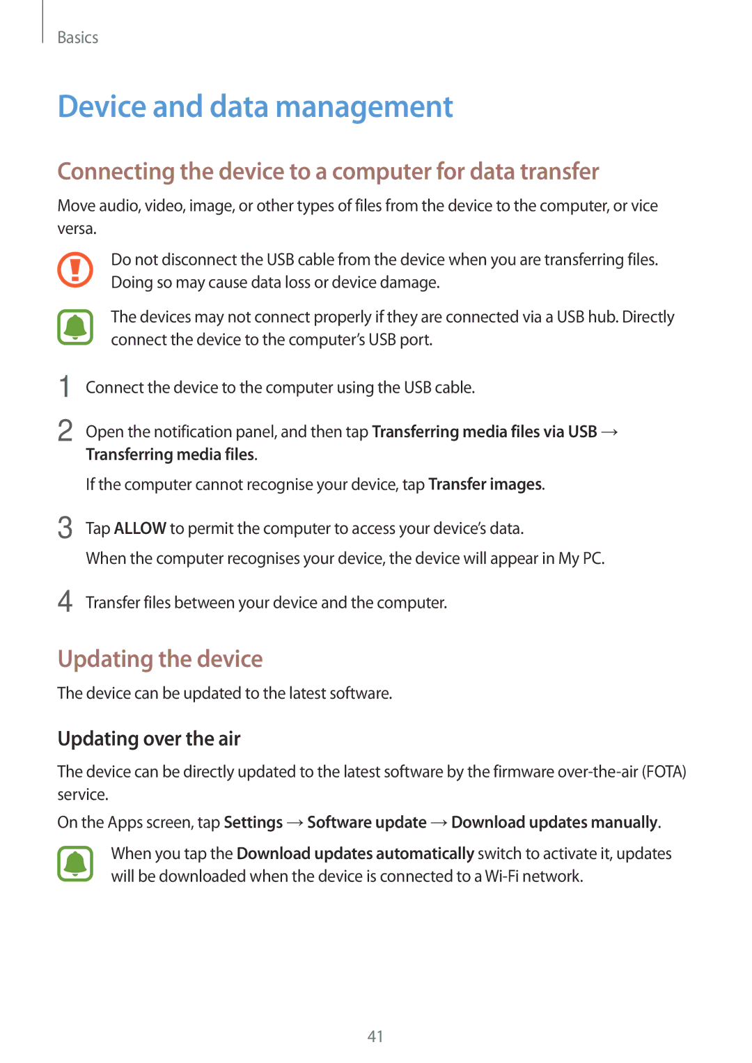 Samsung SM-T585NZWEXEF, SM-T585NZKEDBT Device and data management, Connecting the device to a computer for data transfer 