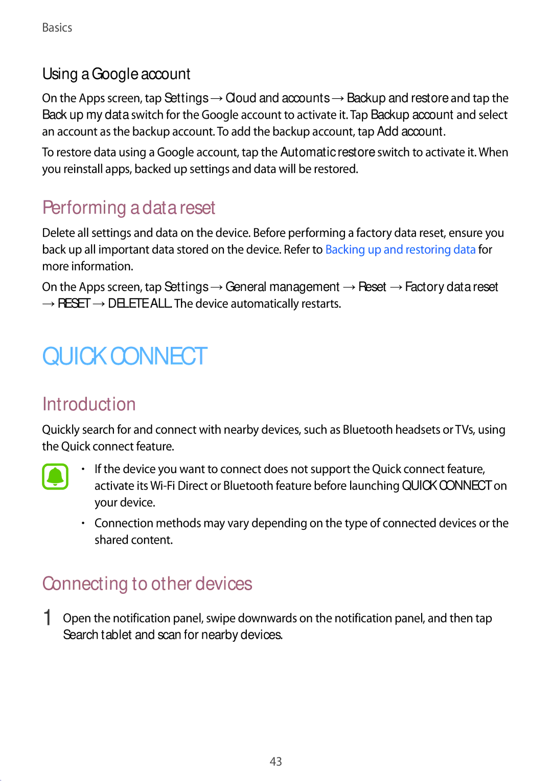 Samsung SM-T585NZAEITV, SM-T585NZKEDBT manual Performing a data reset, Connecting to other devices, Using a Google account 