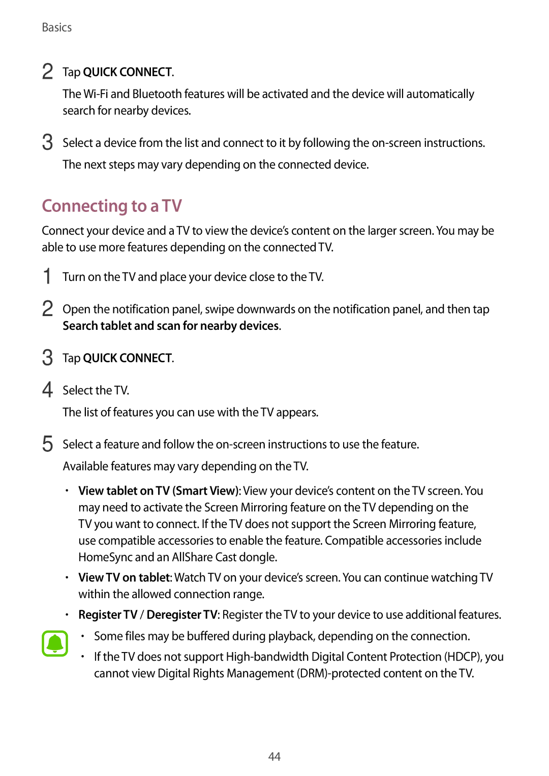 Samsung SM-T585NZWAITV, SM-T585NZKEDBT, SM-T585NZKADBT, SM-T585NZWEDBT, SM-T585NZWADBT Connecting to a TV, Tap Quick Connect 