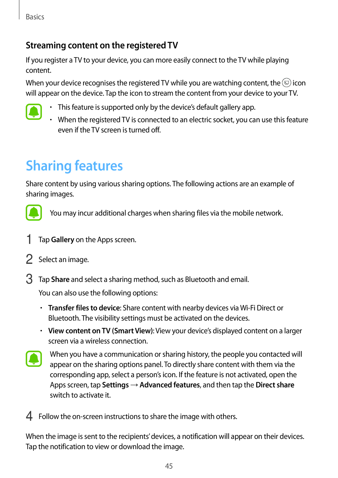 Samsung SM-T585NZWAPHE, SM-T585NZKEDBT, SM-T585NZKADBT manual Sharing features, Streaming content on the registered TV 