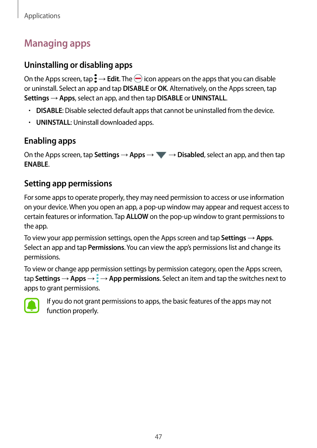 Samsung SM-T585NZWEPHE manual Managing apps, Uninstalling or disabling apps, Enabling apps, Setting app permissions 