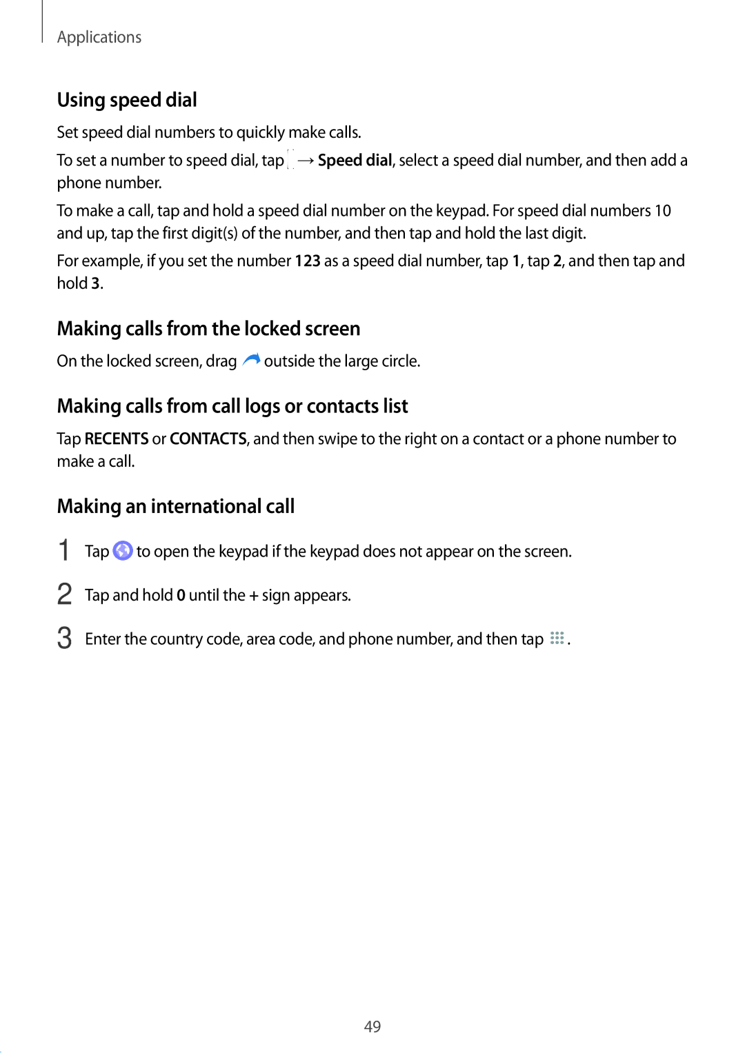 Samsung SM-T585NZBAXXV Using speed dial, Making calls from the locked screen, Making calls from call logs or contacts list 