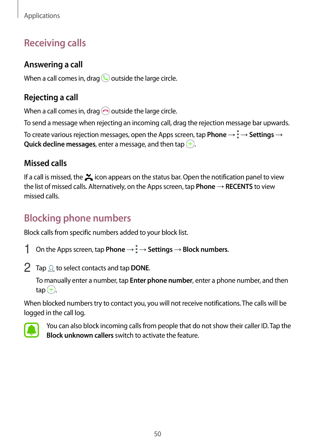 Samsung SM-T585NZKAXXV manual Receiving calls, Blocking phone numbers, Answering a call, Rejecting a call, Missed calls 