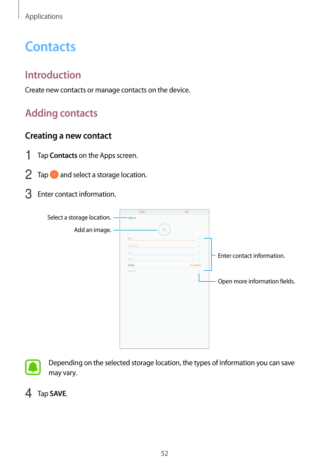 Samsung SM-T585NZKABGL, SM-T585NZKEDBT, SM-T585NZKADBT, SM-T585NZWEDBT Contacts, Adding contacts, Creating a new contact 