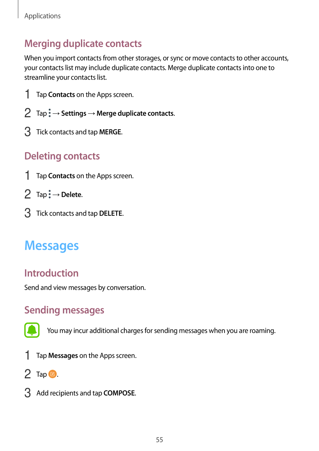 Samsung SM-T585NZWANEE, SM-T585NZKEDBT manual Messages, Merging duplicate contacts, Deleting contacts, Sending messages 