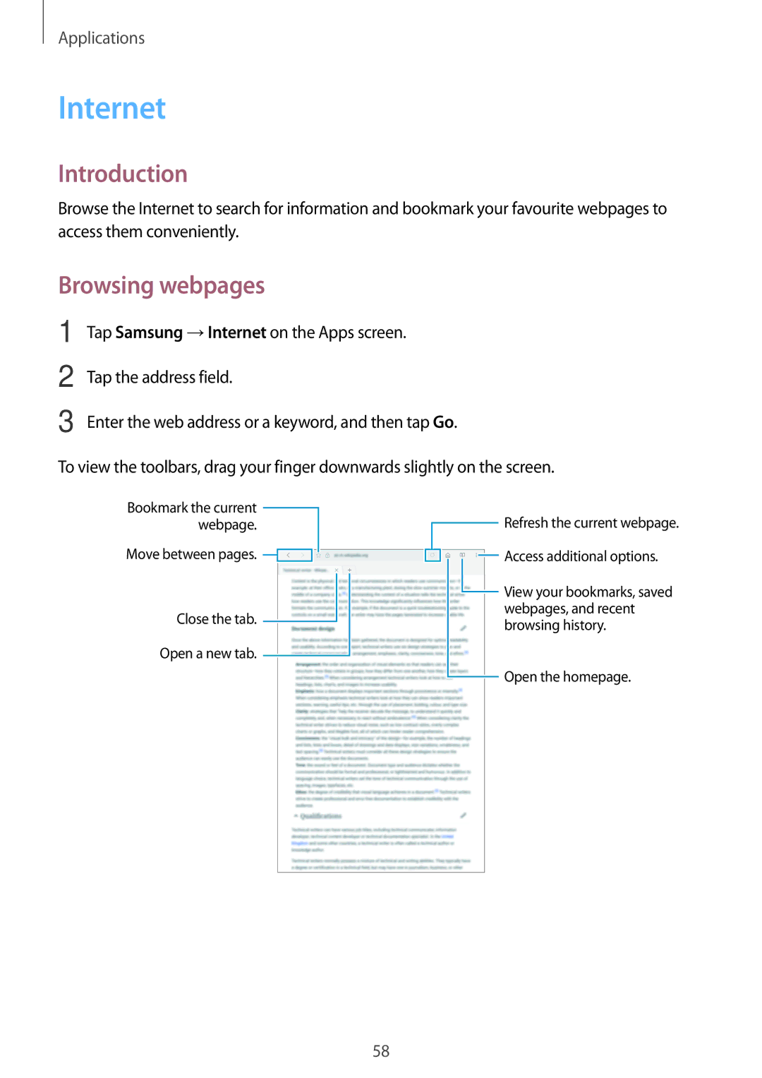 Samsung SM-T585NZKENEE, SM-T585NZKEDBT, SM-T585NZKADBT, SM-T585NZWEDBT, SM-T585NZWADBT manual Internet, Browsing webpages 