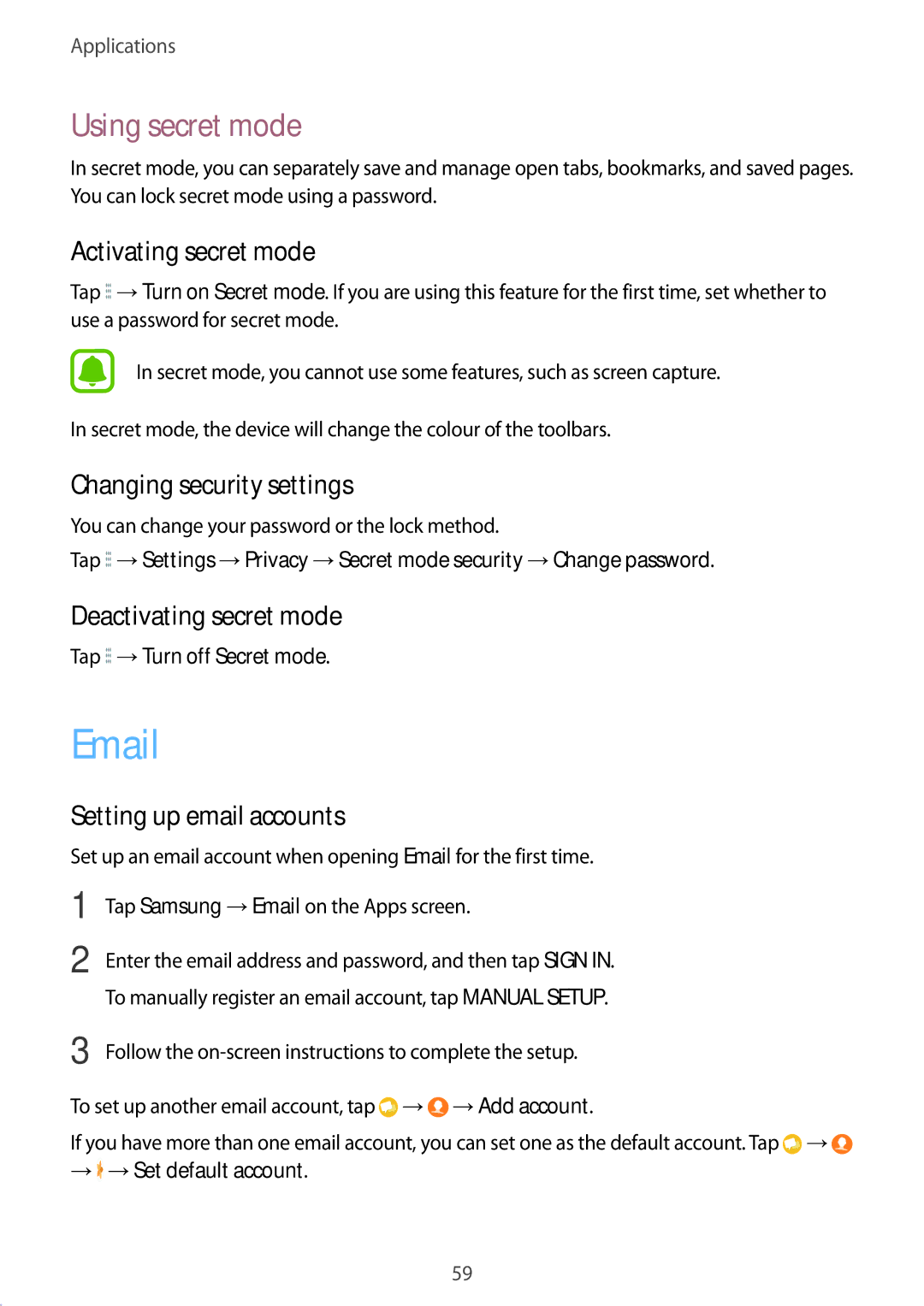 Samsung SM-T585NZKASEB Using secret mode, Activating secret mode, Changing security settings, Deactivating secret mode 