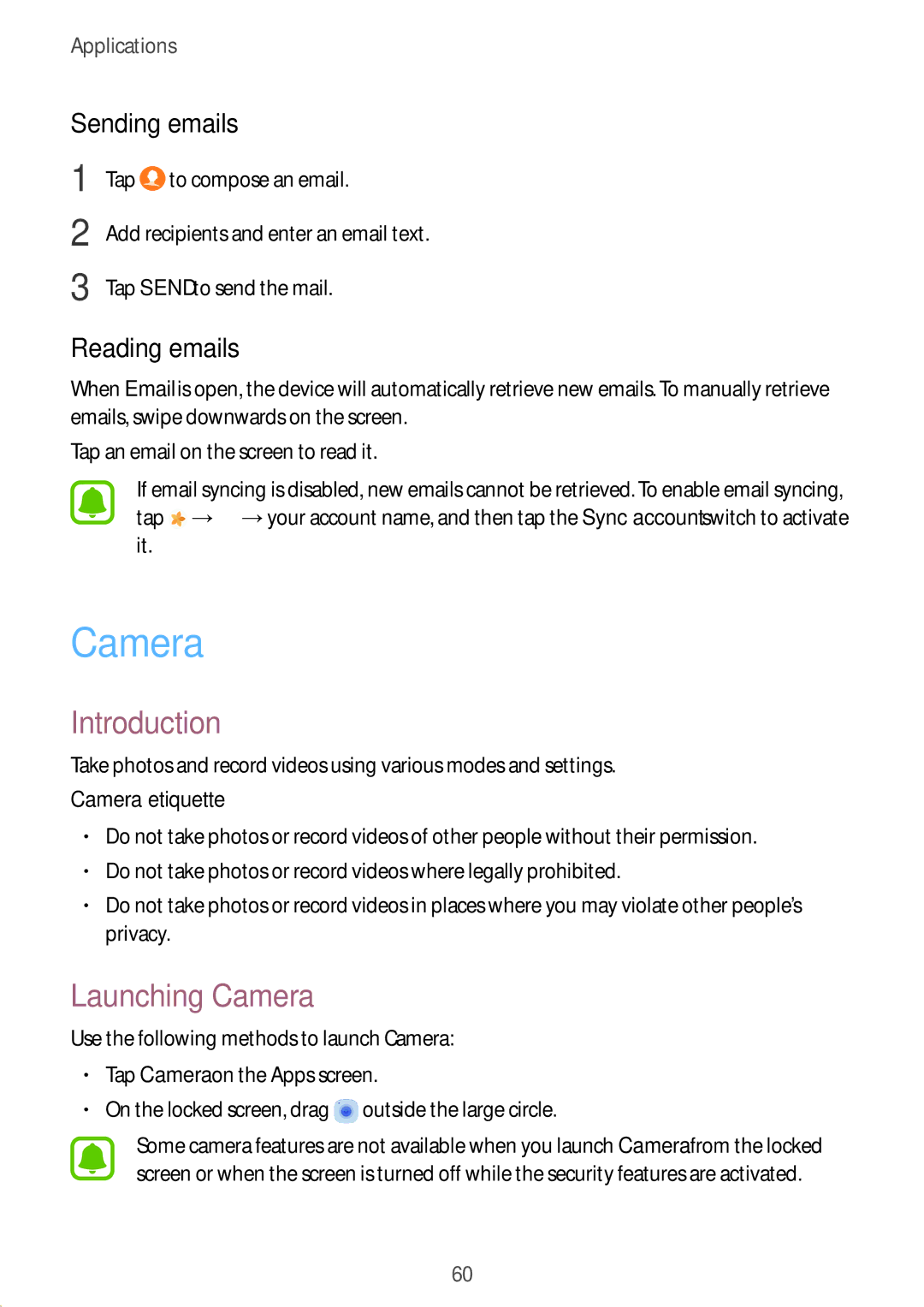 Samsung SM-T585NZWASEB, SM-T585NZKEDBT manual Launching Camera, Sending emails, Reading emails, Camera etiquette 