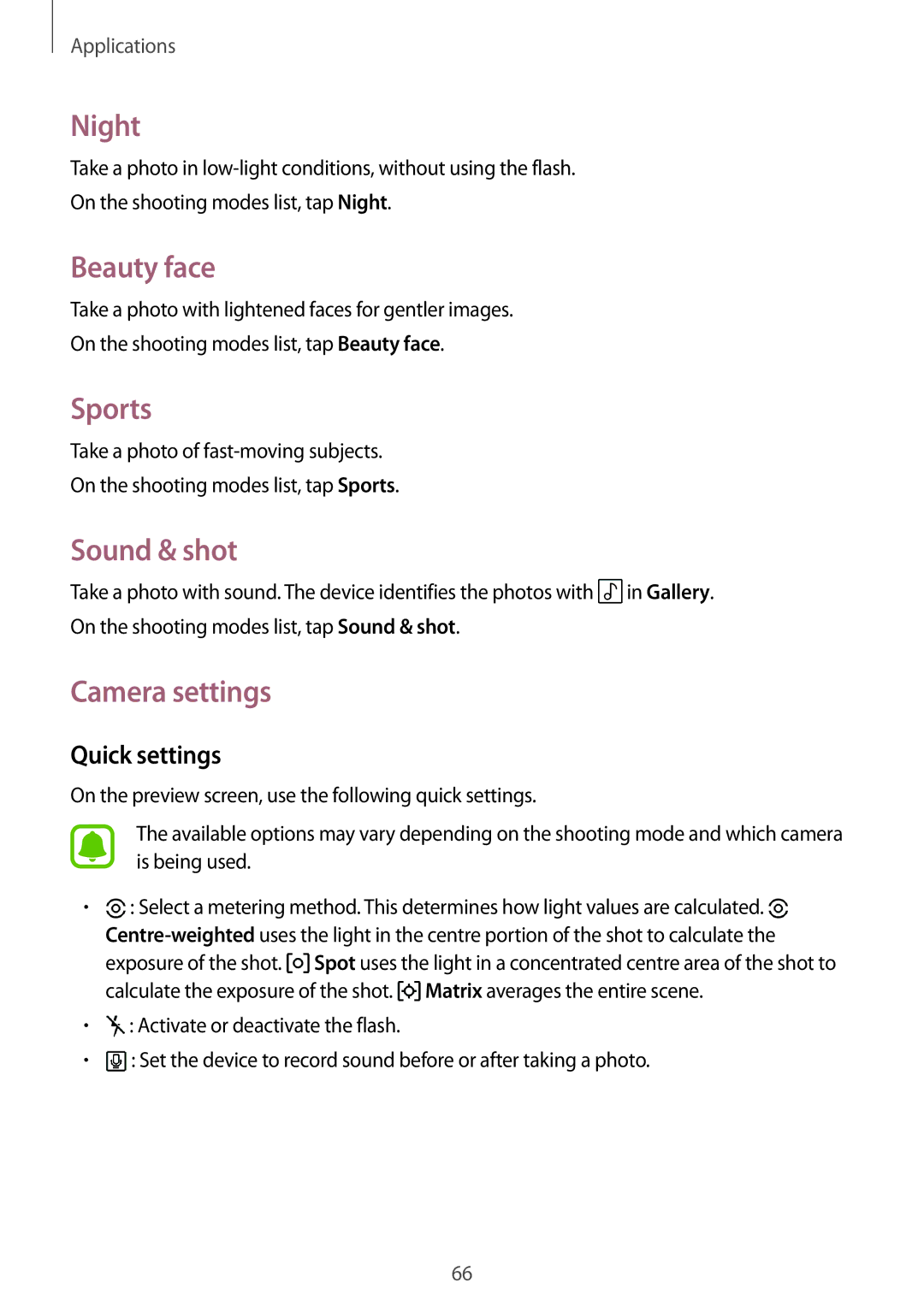 Samsung SM-T585NZWASEE, SM-T585NZKEDBT, SM-T585NZKADBT manual Night, Beauty face, Sports, Sound & shot, Camera settings 