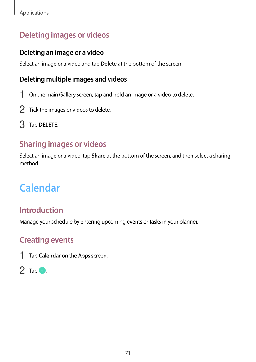 Samsung SM-T585NZKASER, SM-T585NZKEDBT manual Calendar, Deleting images or videos, Sharing images or videos, Creating events 