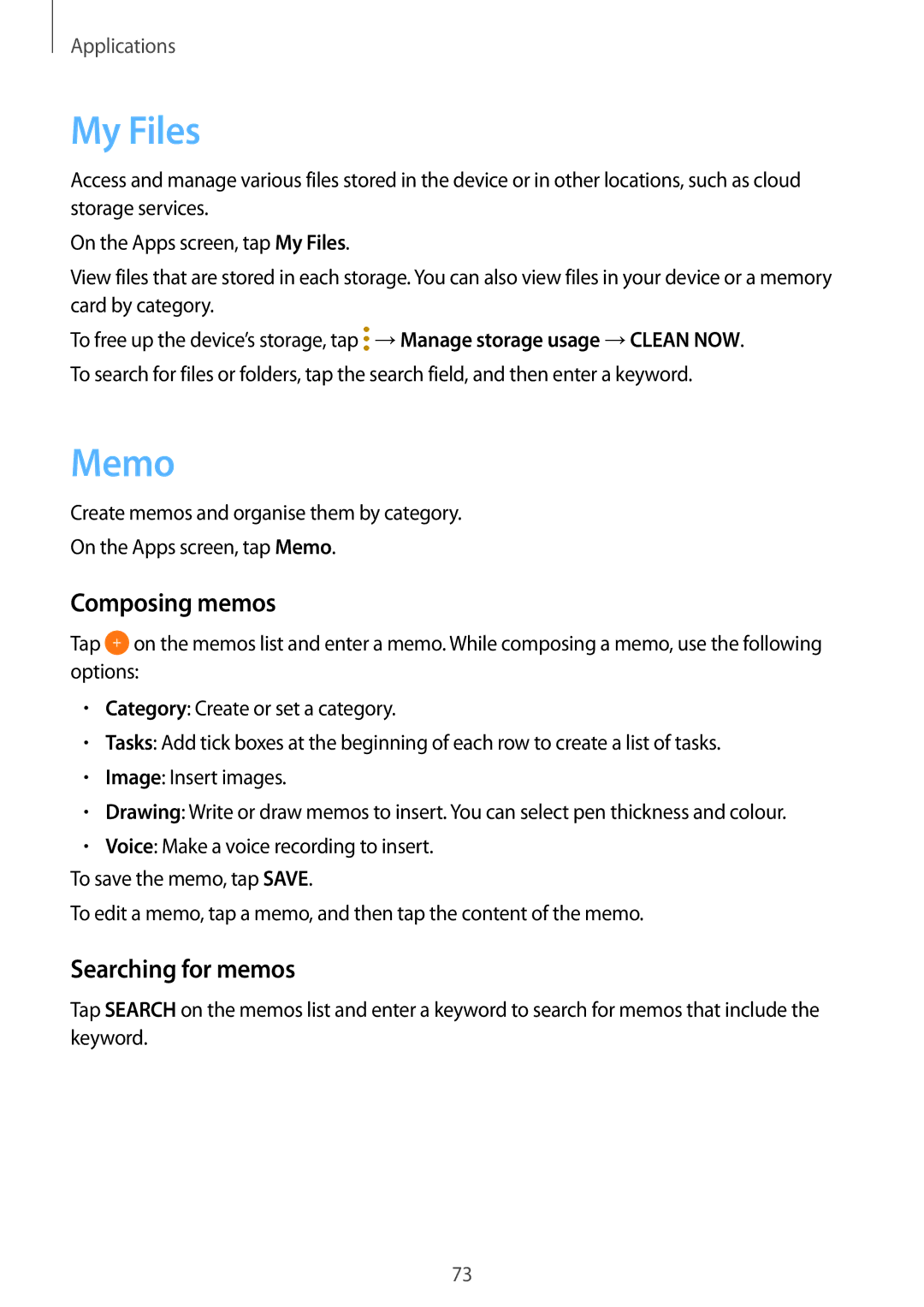 Samsung SM-T585NZKADBT, SM-T585NZKEDBT, SM-T585NZWEDBT, SM-T585NZWADBT My Files, Memo, Composing memos, Searching for memos 