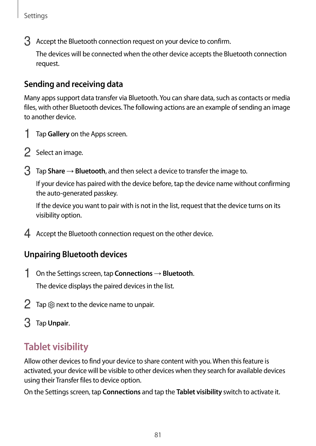 Samsung SM-T585NZWAPHE manual Tablet visibility, Sending and receiving data, Unpairing Bluetooth devices, Tap Unpair 