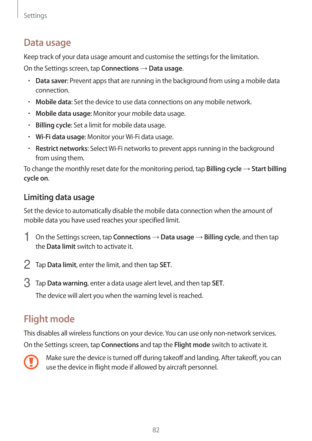 Samsung SM-T585NZKAPHE Data usage, Flight mode, Limiting data usage, Tap Data limit, enter the limit, and then tap SET 