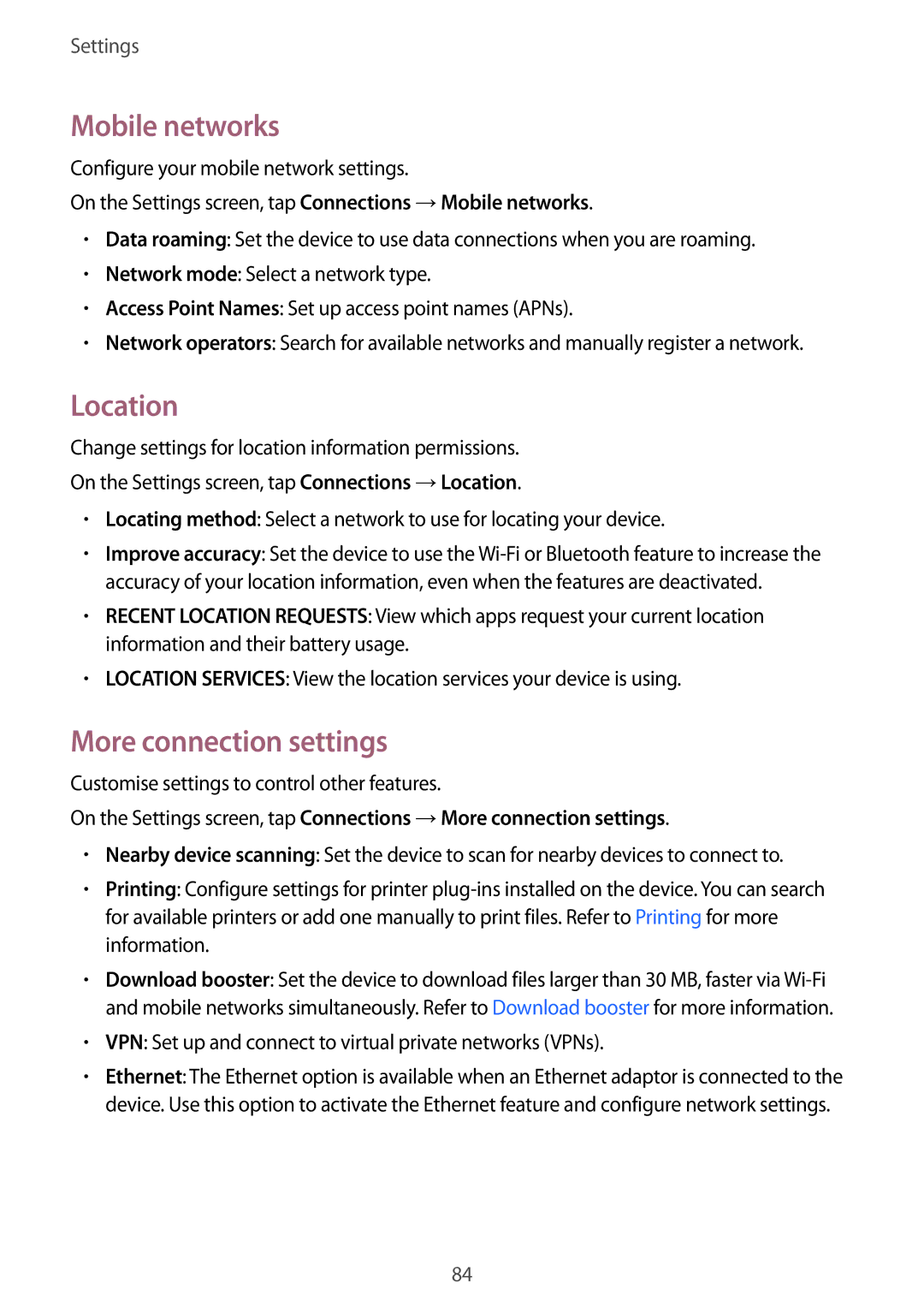 Samsung SM-T585NZKEPHE Mobile networks, Location, More connection settings, Customise settings to control other features 