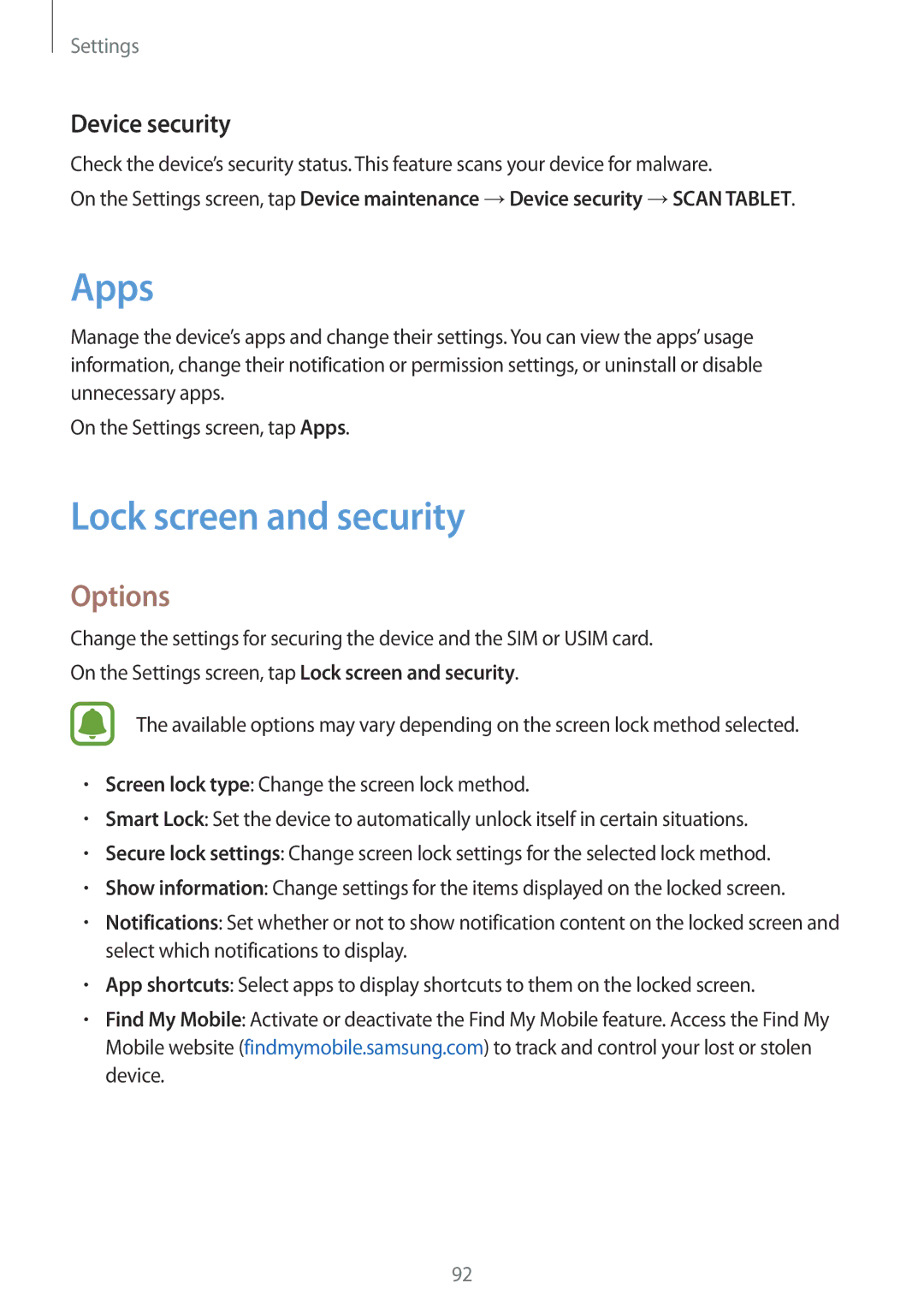 Samsung SM-T585NZWENEE, SM-T585NZKEDBT, SM-T585NZKADBT, SM-T585NZWEDBT manual Apps, Lock screen and security, Device security 