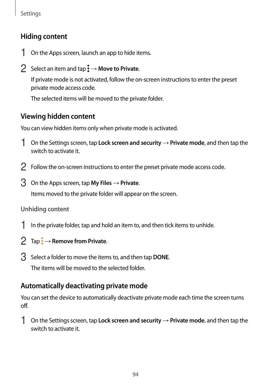 Samsung SM-T585NZKENEE, SM-T585NZKEDBT Hiding content, Viewing hidden content, Automatically deactivating private mode 