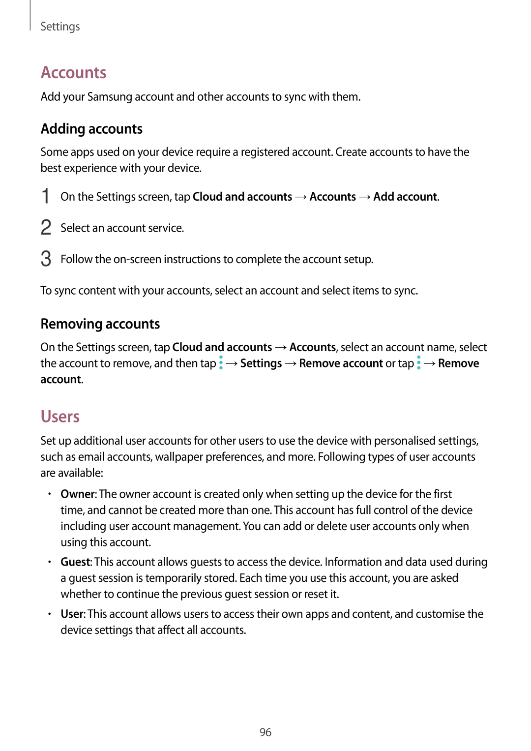 Samsung SM-T585NZWASEB, SM-T585NZKEDBT, SM-T585NZKADBT, SM-T585NZWEDBT Accounts, Users, Adding accounts, Removing accounts 