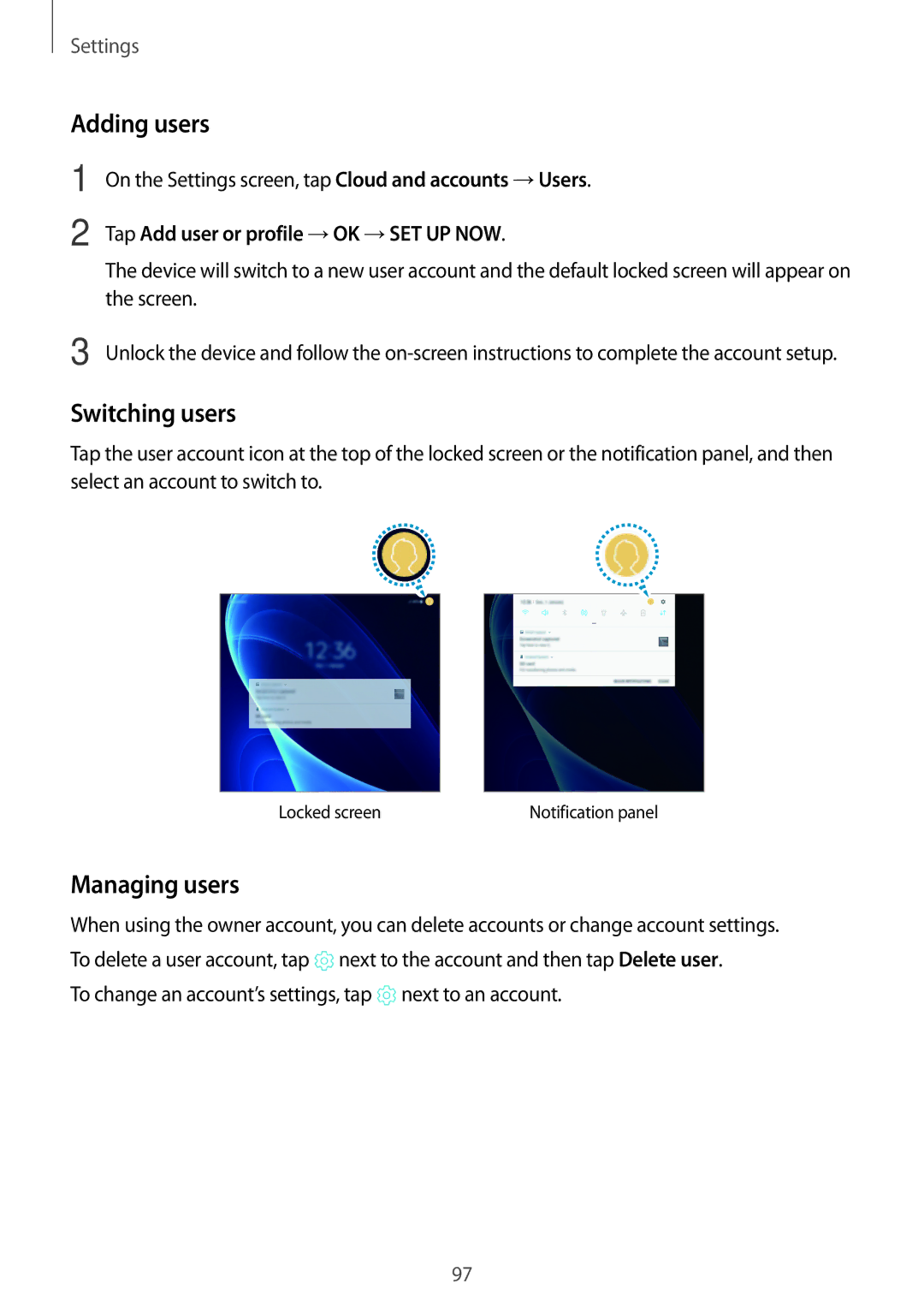 Samsung SM-T585NZWAEUR manual Adding users, Switching users, Managing users, Tap Add user or profile →OK →SET UP NOW 