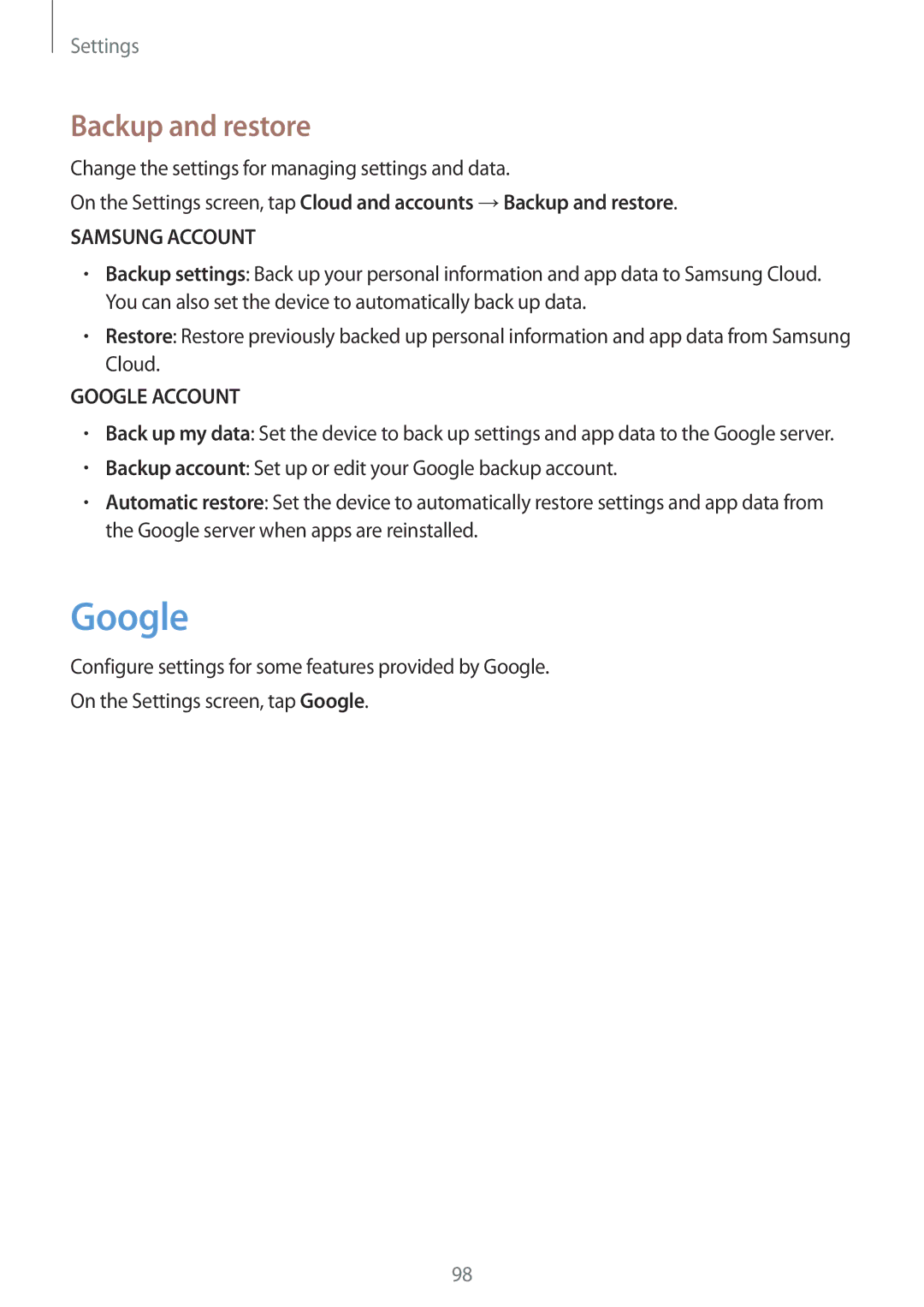 Samsung SM-T585NZKAEUR, SM-T585NZKEDBT manual Google, Backup and restore, Change the settings for managing settings and data 
