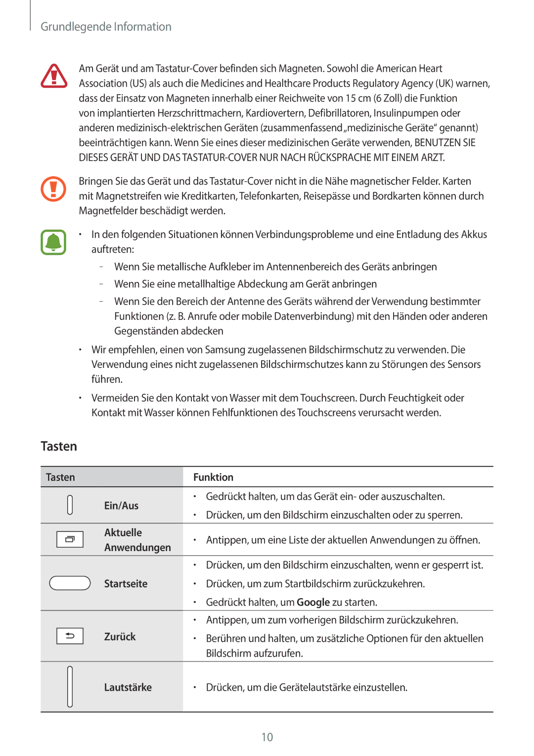 Samsung SM-T585NZWEDBT, SM-T585NZKEDBT, SM-T585NZKADBT, SM-T585NZWADBT manual Tasten 